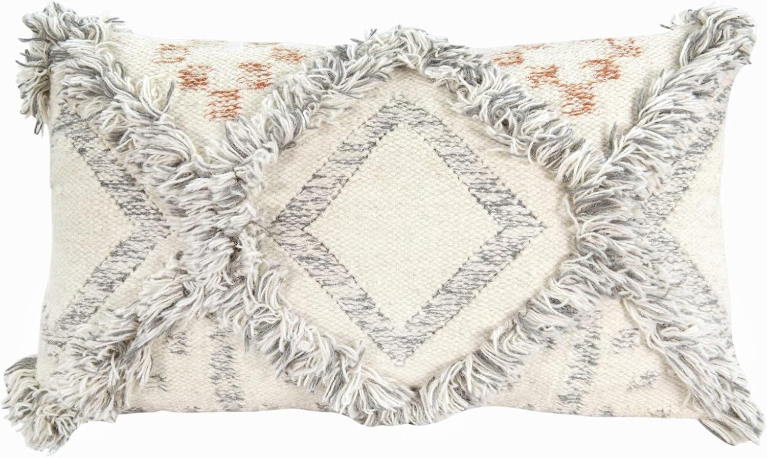 Cream and Gray Wool Kilim Pillow with Fringe Accents