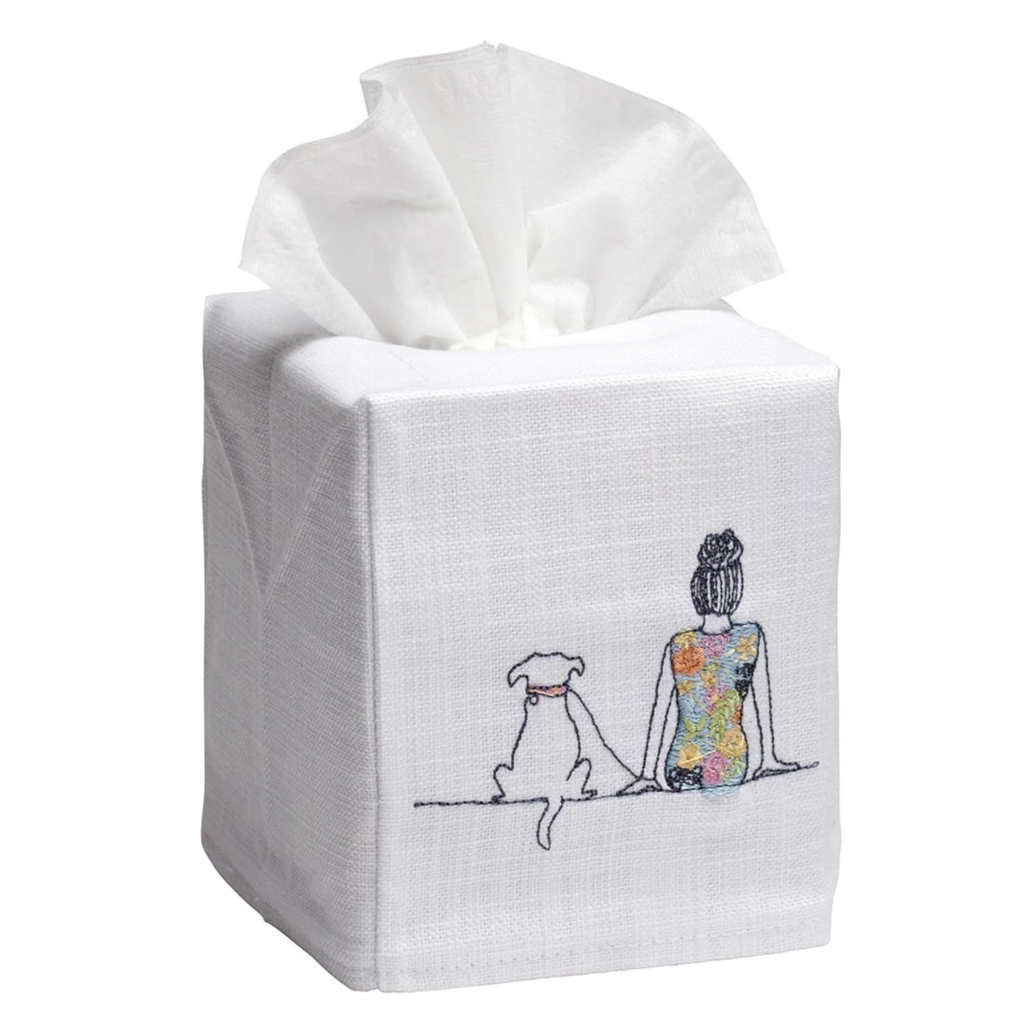 Jacaranda Living Square Tissue Box Cover, Linen/Cotton Fabric Tissue Holder, Decorative Cloth Tissue Cube Cover, Animal Designs Girl and Dog