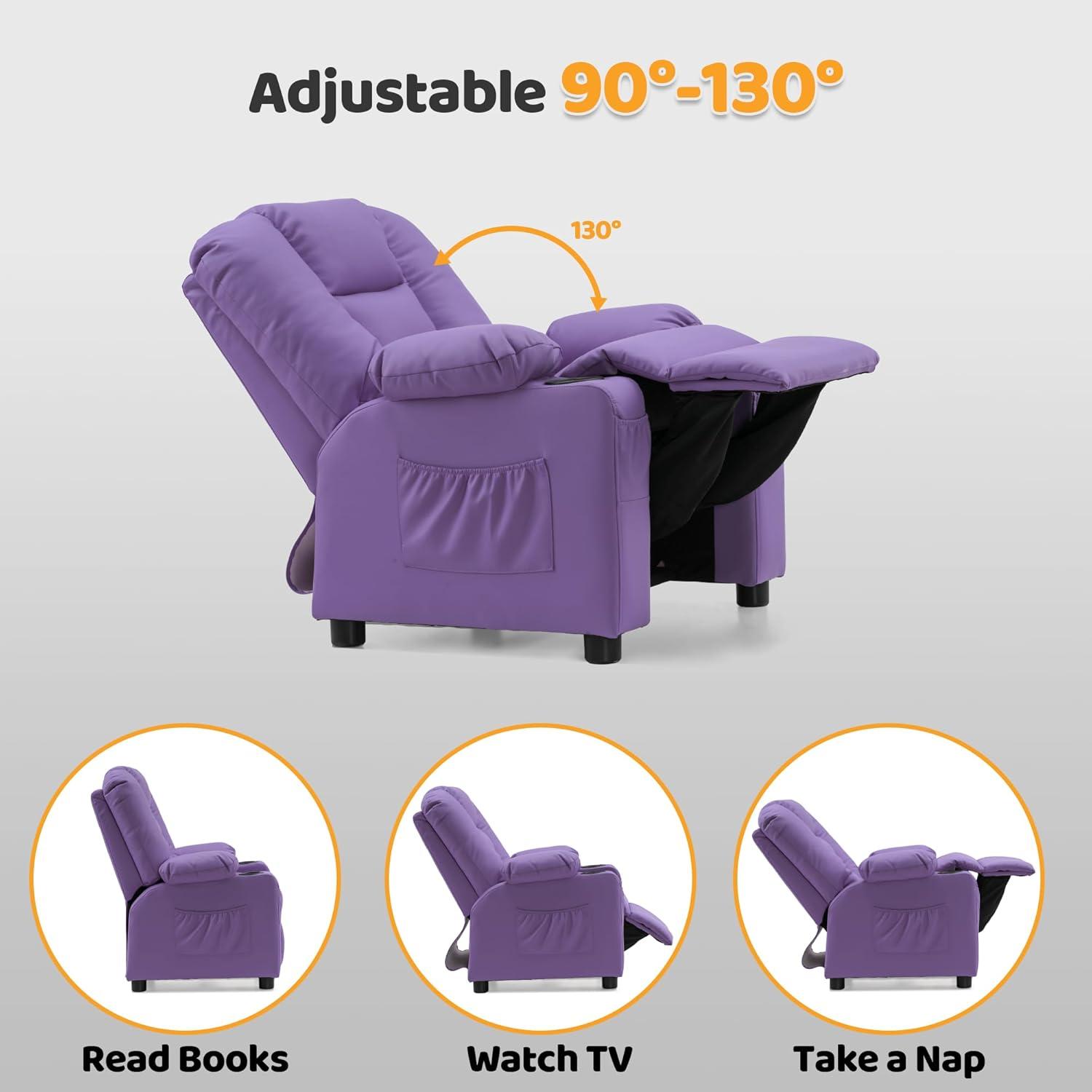 MCombo Big Kids Recliner Chair with Cup Holders for Toddler Boys and Girls, 2 Side Pockets, 3+ Age Group, Faux Leather 7322 Violet