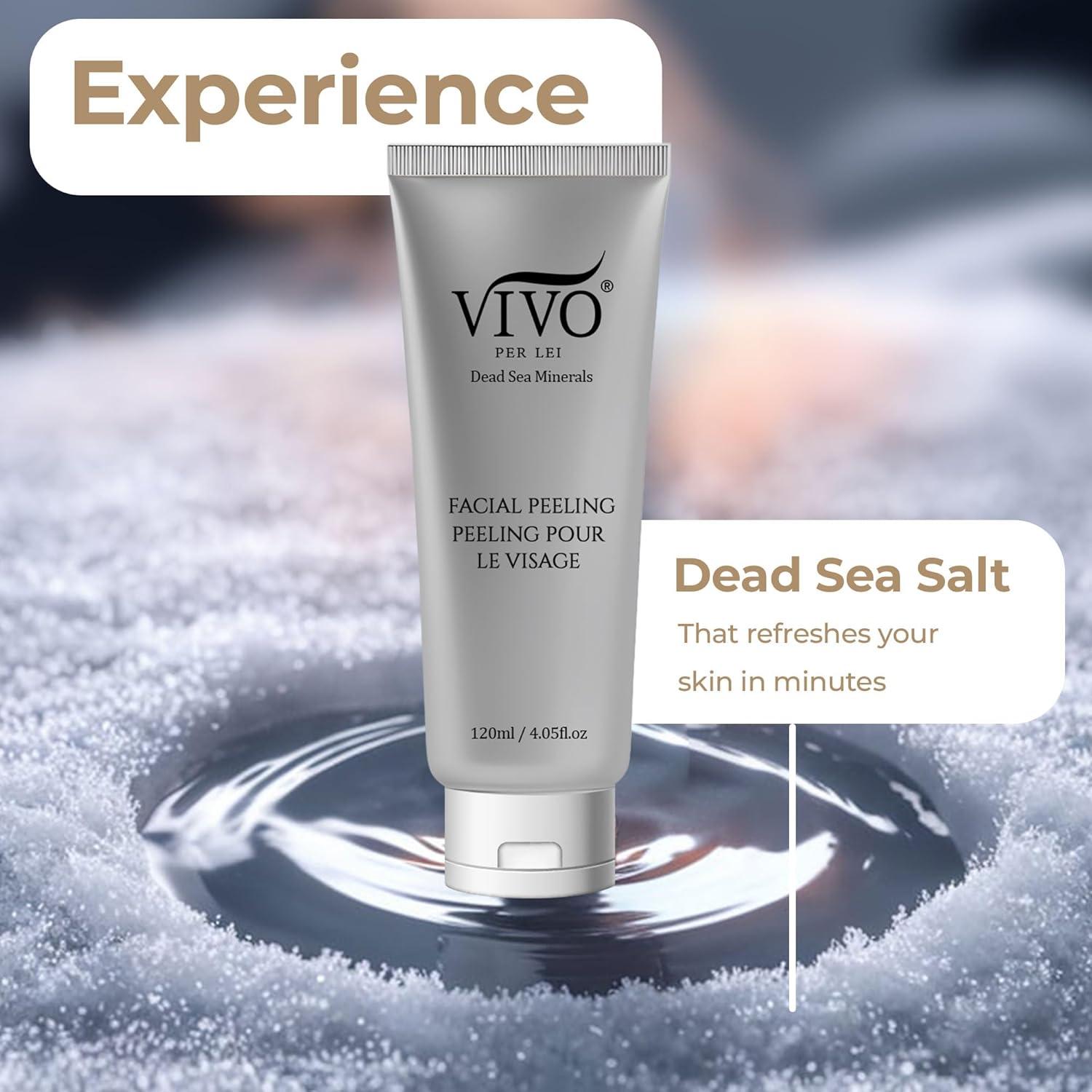 Vivo Per Lei Facial Peeling Gel - Contains Dead Sea Minerals and Nut Shell Powder - Gentle Face Exfoliator Scrub and Blackhead Remover - Peel Your Skin to a Fresher You - 3.4 Fl. Oz.