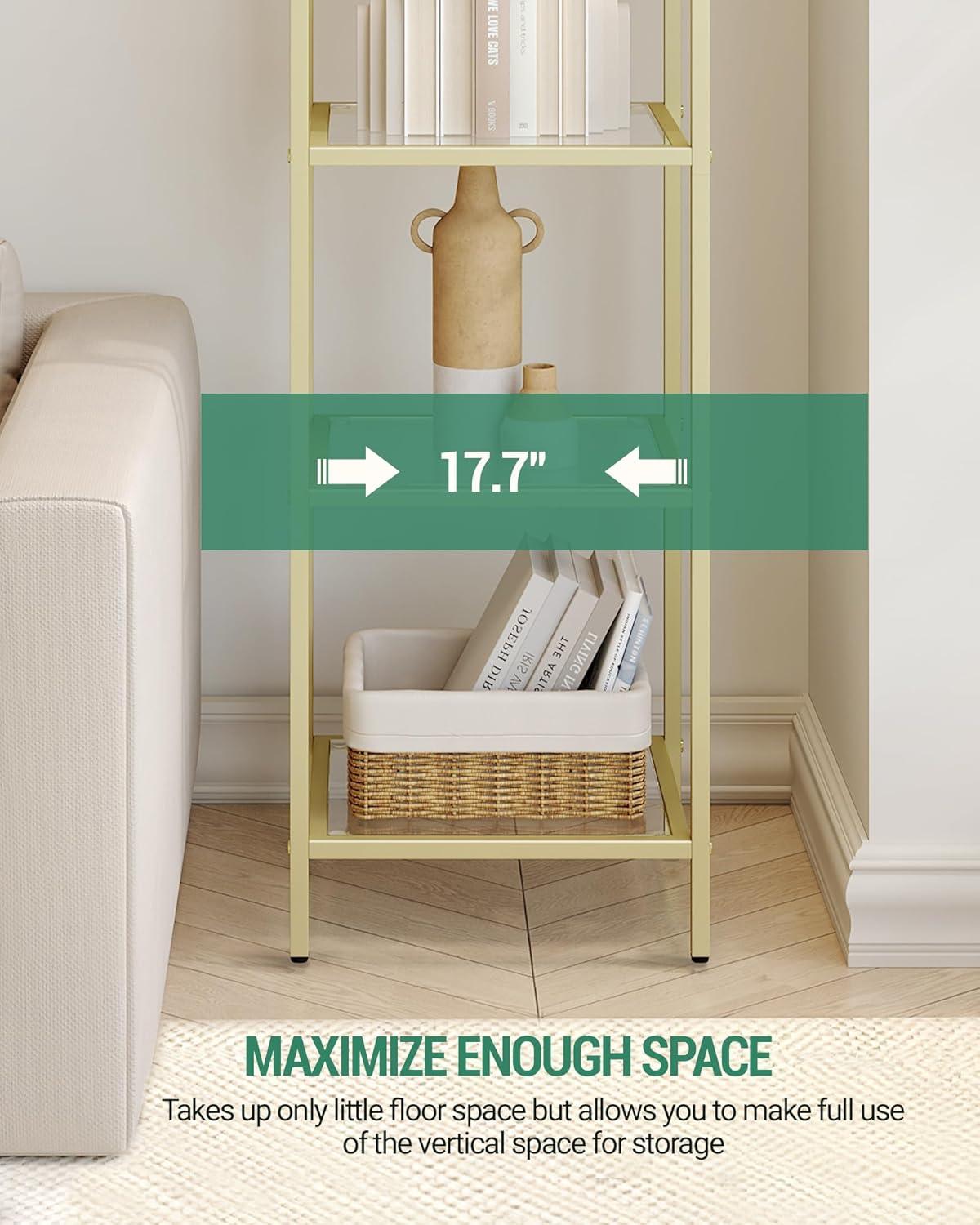 Mercer41 Bookcase Bookshelf, Tempered Glass Arched Bookshelf For More Storage, Slim Shelving Unit For Bedroom, Bathroom, Home Office, Steel Frame, 6 Tier Gold