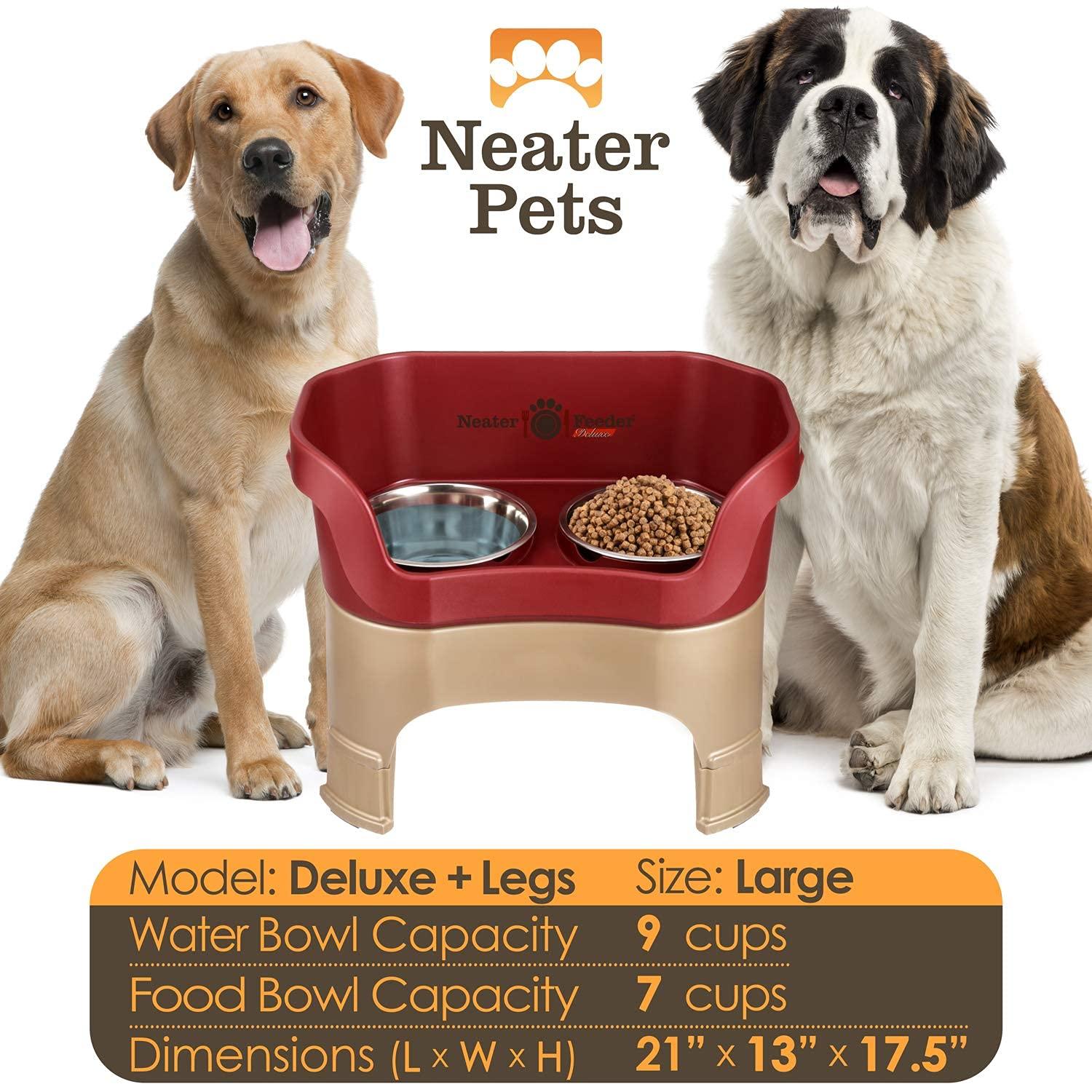 Neater Feeder Deluxe Mess Proof Dog Bowls Elevated for Large Dogs – Made in USA – No Spill Raised Dog Food Bowl Stand w/Leg Extensions – Stainless Steel Dog Food and Water Bowl Set – Red