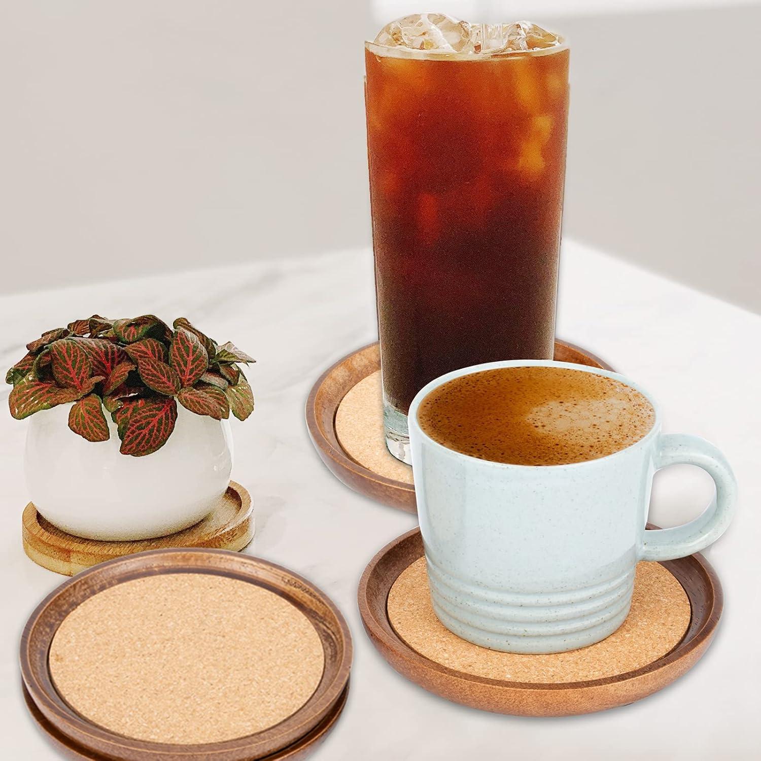 Natural Wood and Cork Round Drink Coasters Set