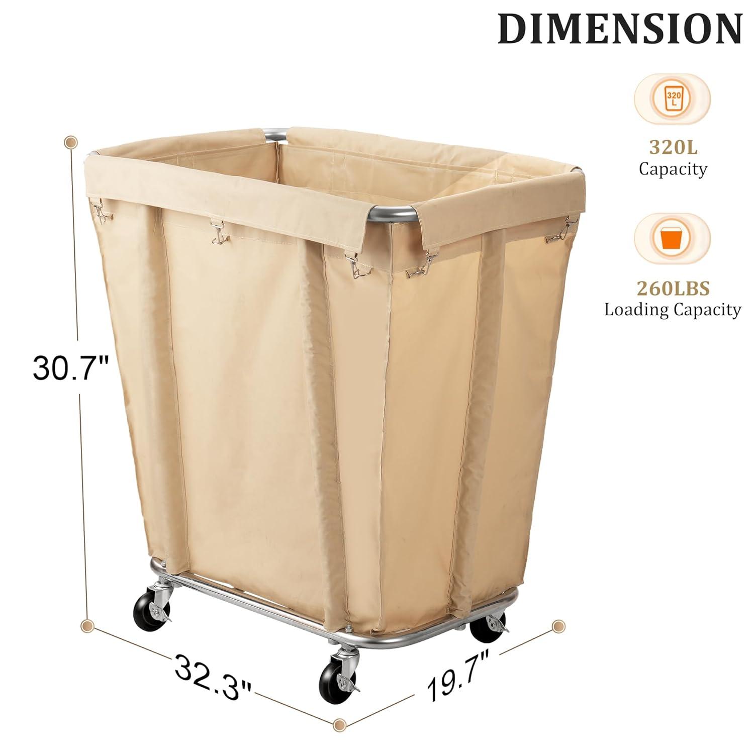 Rengue Commercial Laundry Cart with Wheels, 320L Capacity Laundry Sorter Rolling Laundry Hamper with Waterproof Oxford Basket and Sturdy Steel Frame, 260 lbs Load, Beige
