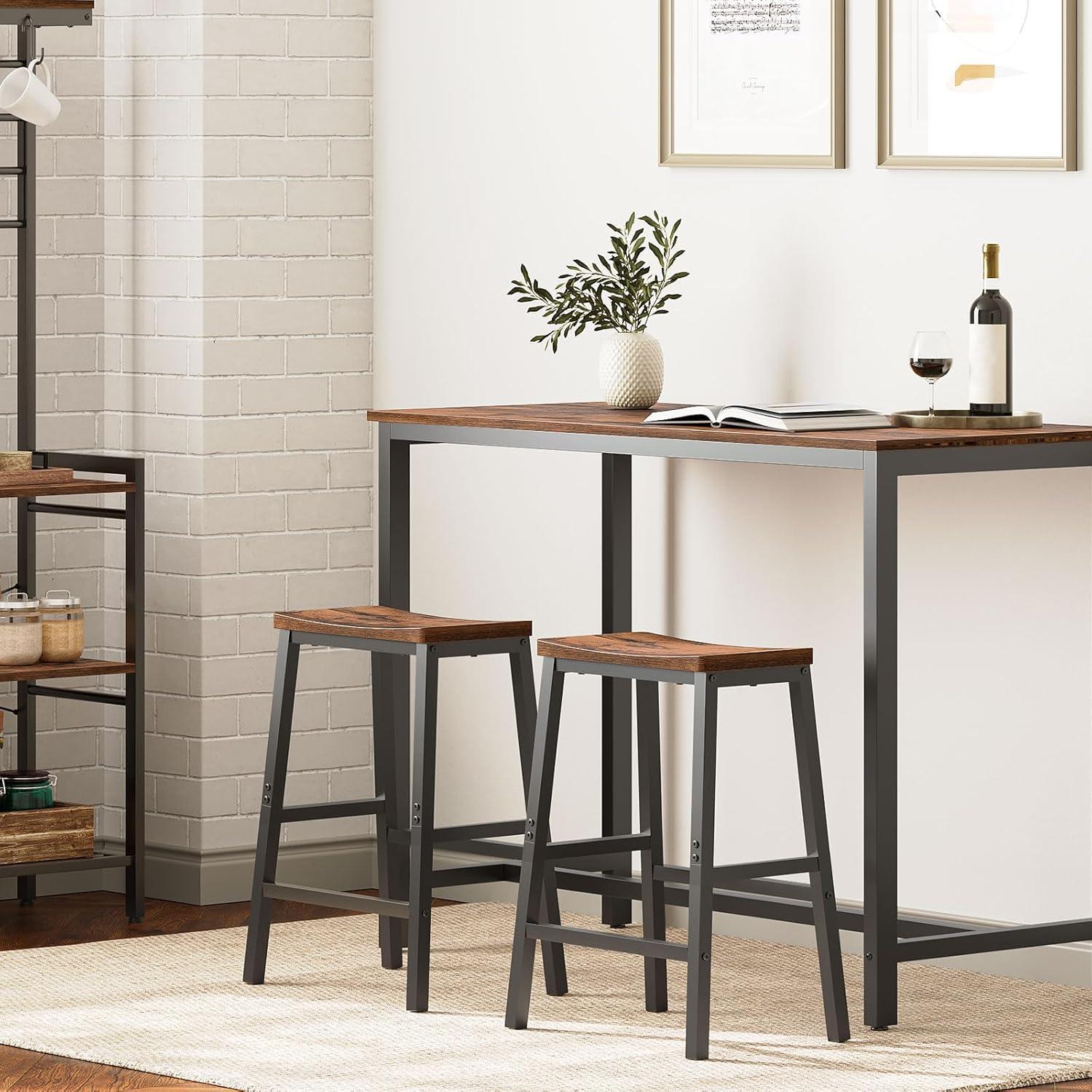 Bar Stools, Set of 2 Bar Chairs, 23.6 Inch Saddle Stools, Kitchen Counter Stools with Footrests, Industrial Stools for Dining Room, Kitchen, Counter, Bar, Rustic Brown and Black BF02MD01