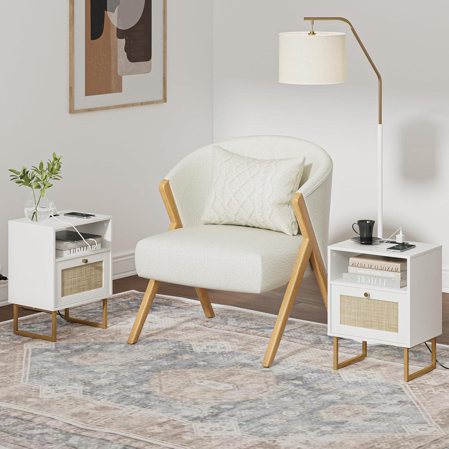 White and Gold Modern Rattan Nightstand with Drawer