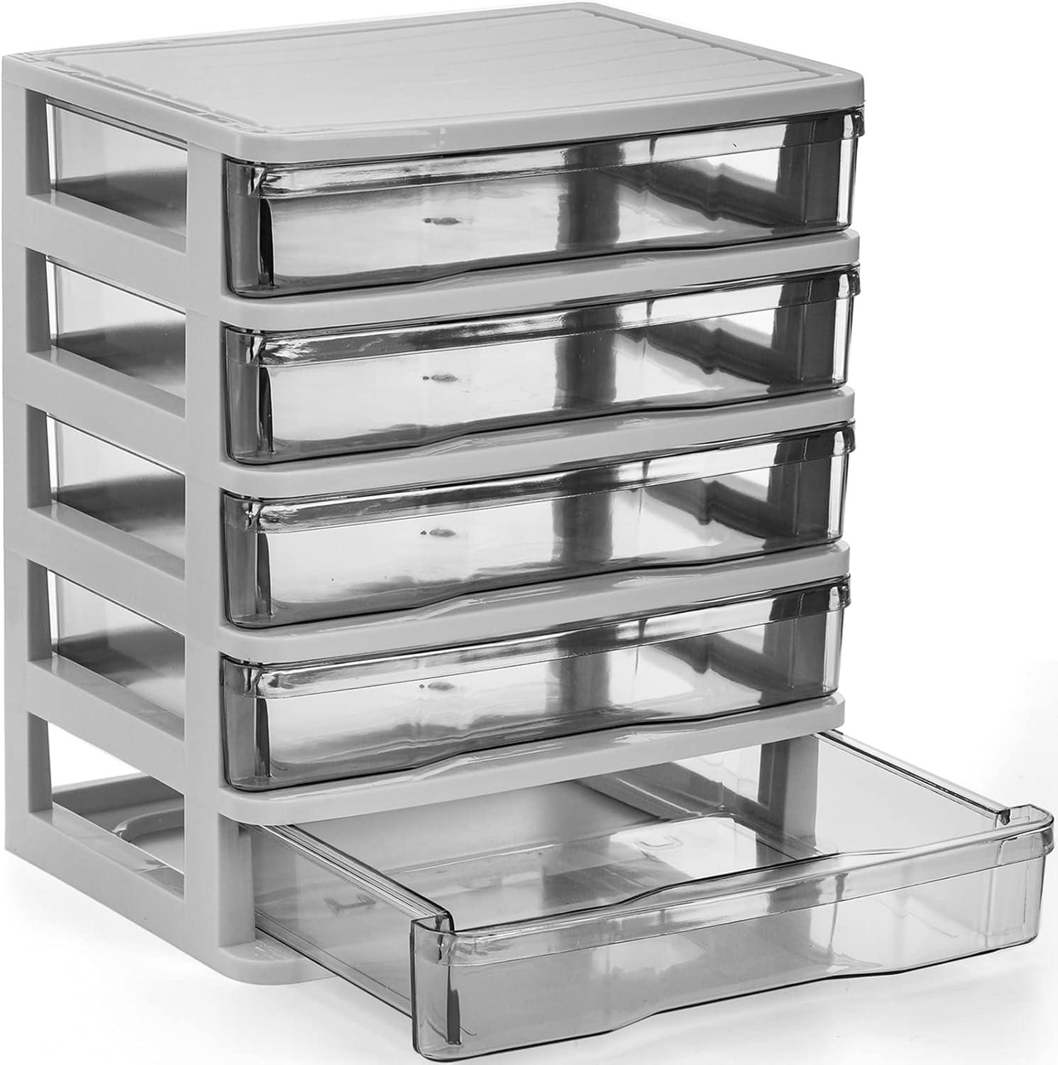 Compact White and Clear 5-Drawer Plastic Storage Organizer