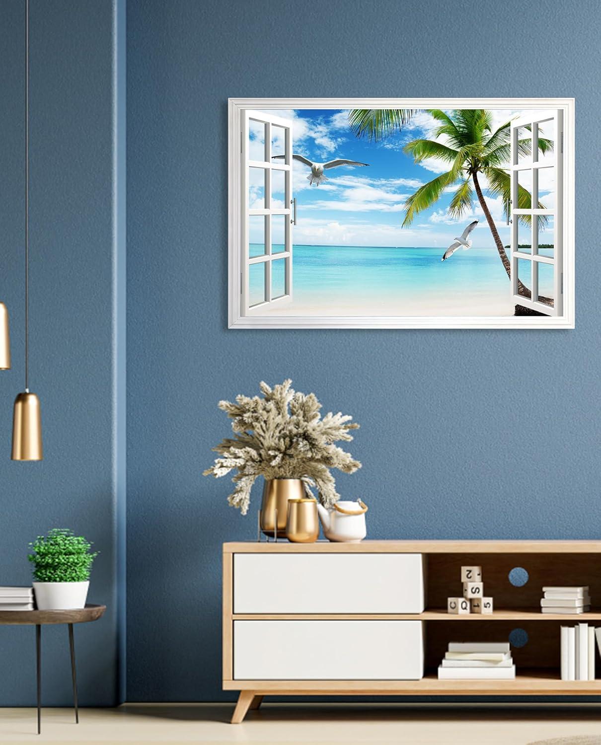 wall26 Canvas Print Wall Art Window View of Tropical Island Beach Paradise Nature Wilderness Photography Modern Art Rustic Scenic Colorful Ultra for Living Room, Bedroom, Office - 24"x36"
