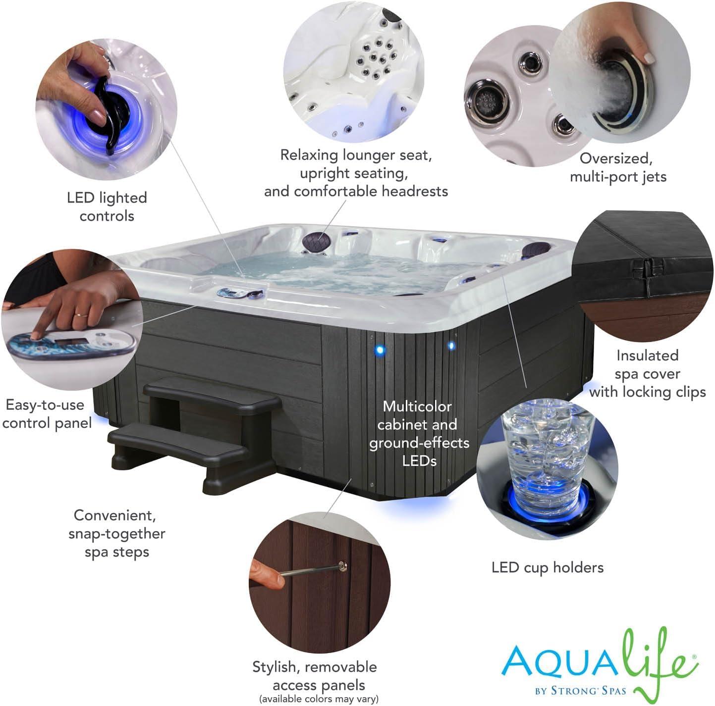 Aqualife® by Strong Spas® Grand Banks™ 5-Person 81-Jet Acrylic Lounger Hot Tub Spa, Stainless Steel Heater and Ozonator, Multi Color LED Lighting, Insulated Cover Included