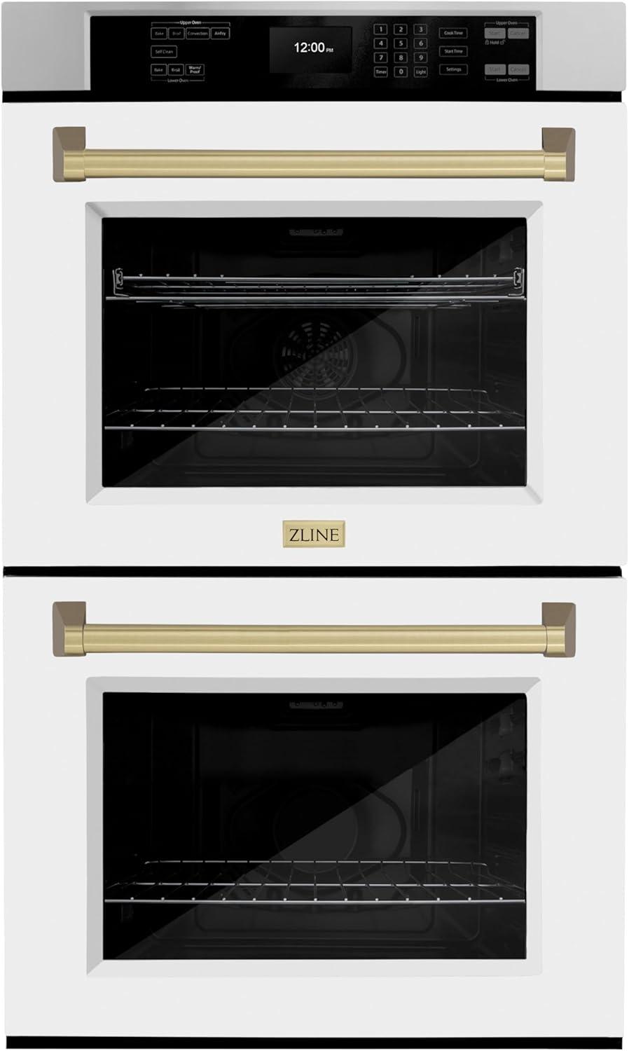ZLINE 30 in. Autograph Edition Professional True Convection Double Wall Oven with Air Fry and Self Clean in Stainless Steel with White Matte Doors and Champagne Bronze Handles (WADZ-WM-30-CB)