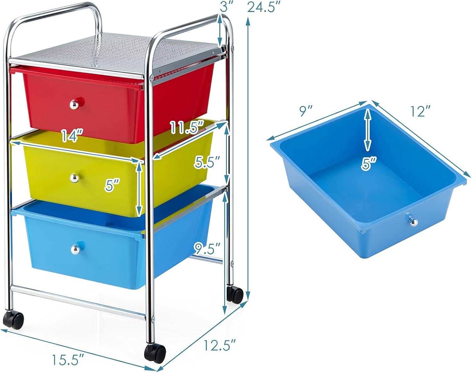 Multicolor 3-Drawer Rolling Storage Cart with Plastic Drawers