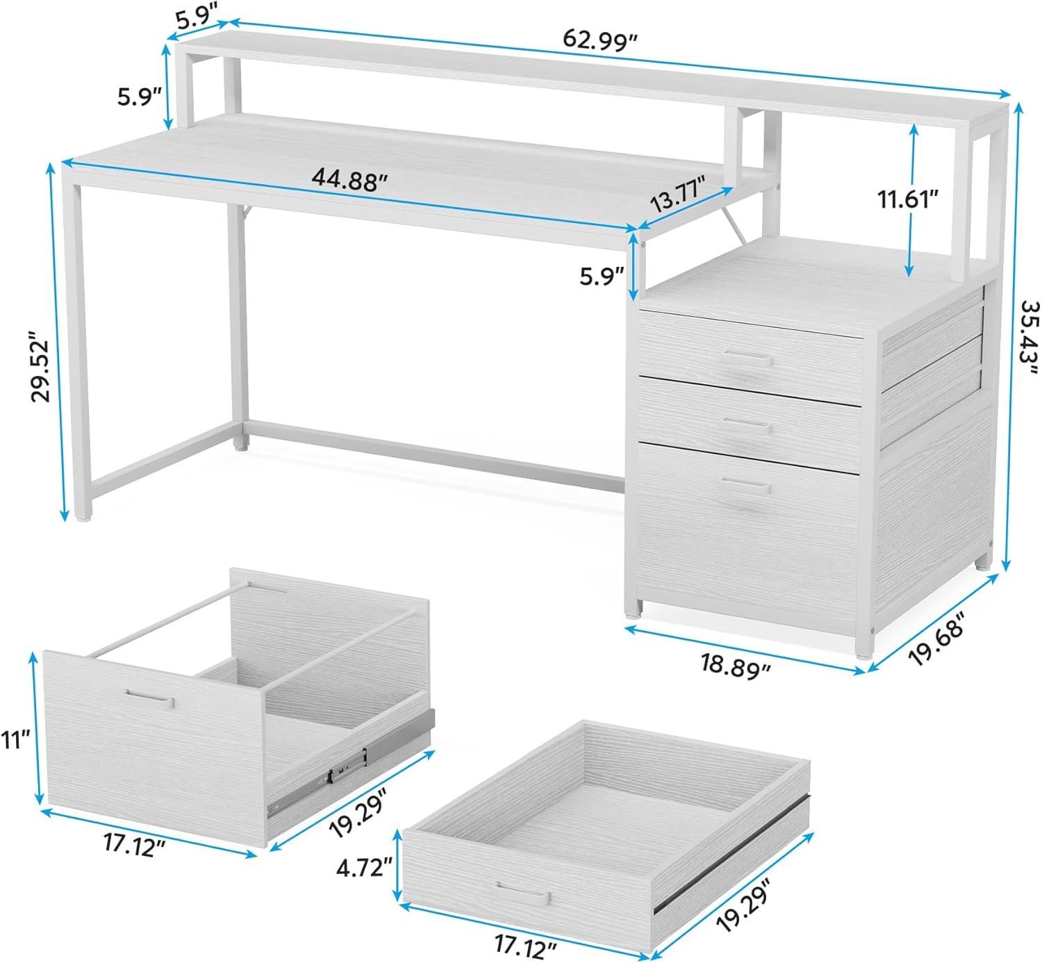 1Easylife 63" Computer Desk with Monitor Stand, Ergonomic Home Office Desks with Drawers File Cabinet White