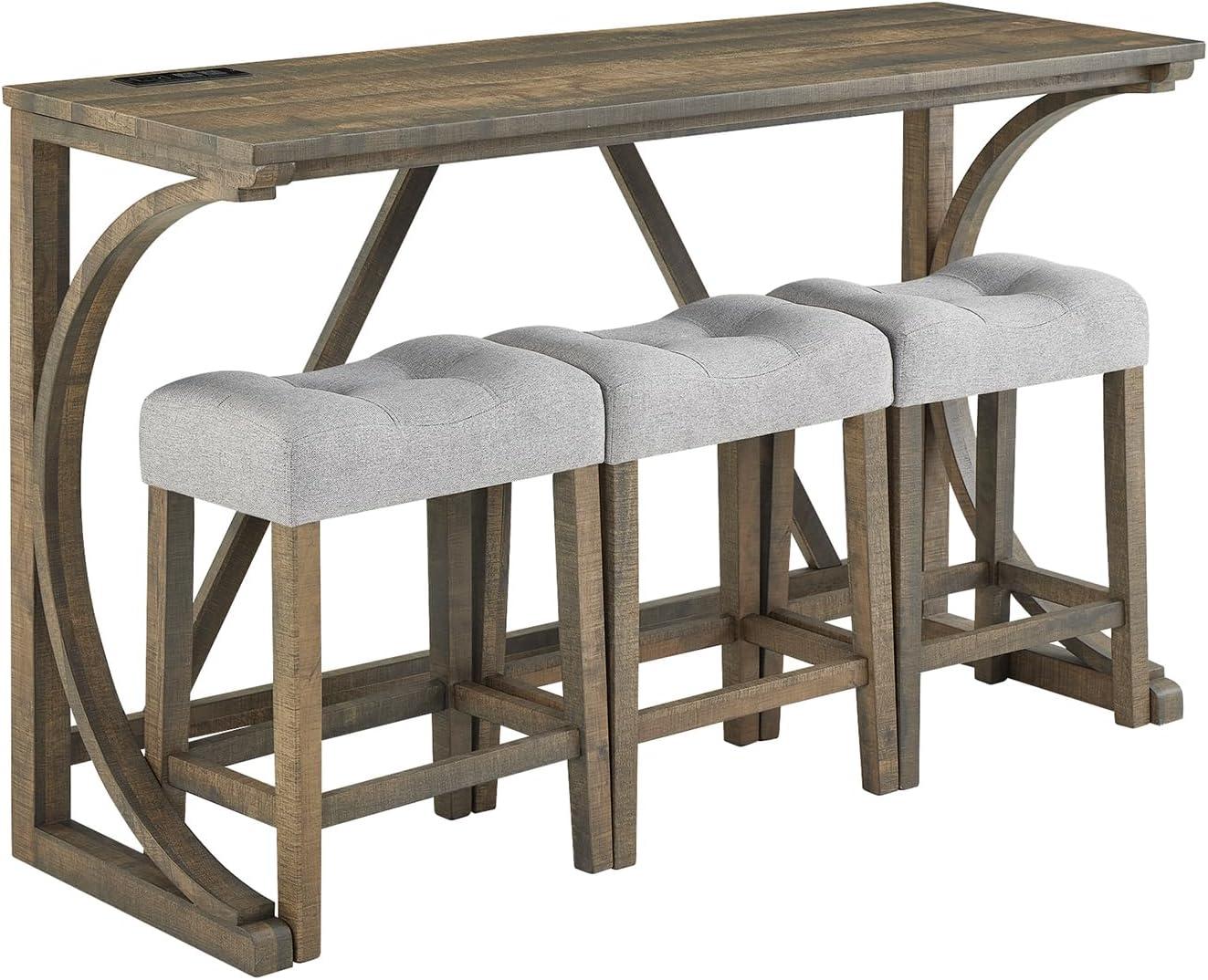59'' Industrial 4 Piece Bar Table Set with Power Outlet Breakfast Table Set with Brown Bar Table and 3 Gray Chairs for Living Room Dining Room Game Room
