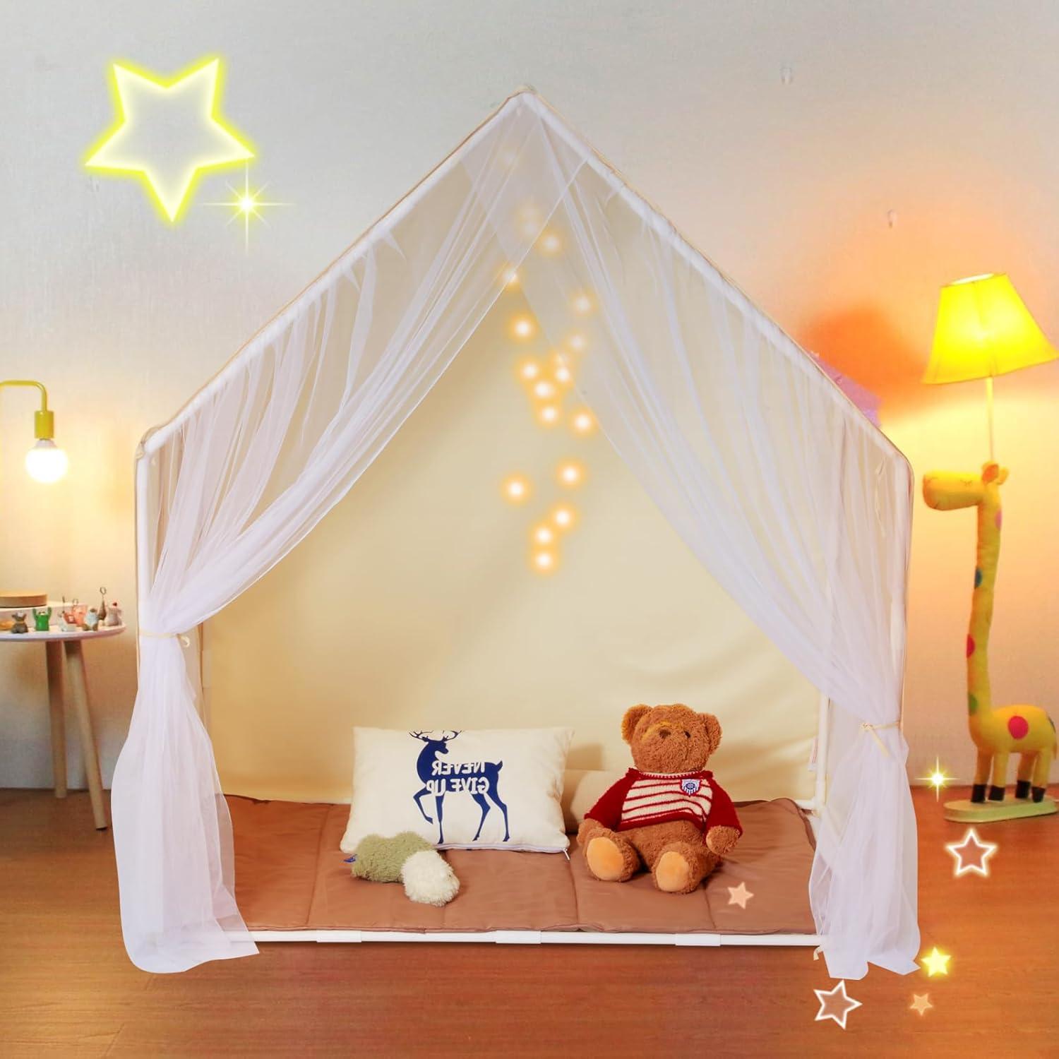 Beige Kids Play Tent with Mat and Light