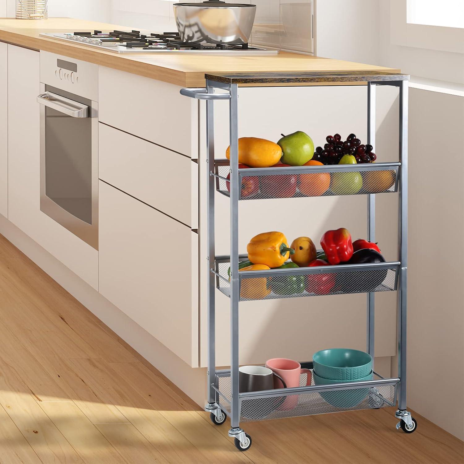 NANANARDOSO 4 Tier Slim Storage Cart, Shelving Unit for Small Space, Rolling Cart with Wooden Top and Metal Handle for Narrow Space on Kitchen, Bathroom, Laundry Room, Black.