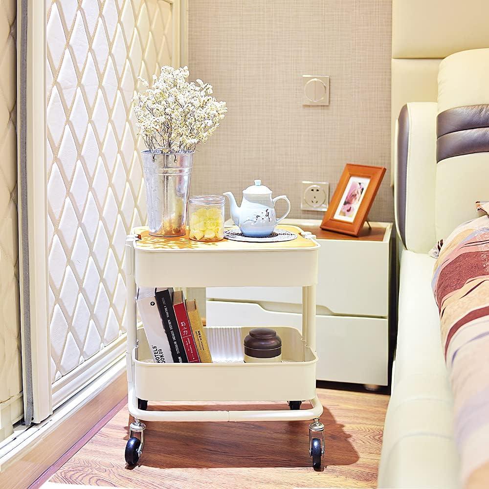 Melody House 2 Tier Metal Utility Rolling Cart Storage Organizer with Cover Board, Mobile Trolley Sofa Side Table with Wheels for Office Home Kitchen Organization, White