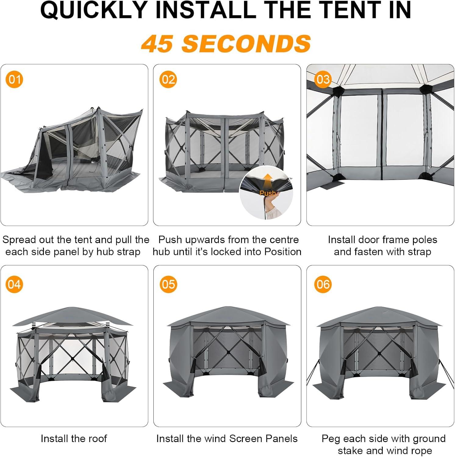 COBIZI Pop Up Gazebo Starry Sky Screen Tent Screen House with a mesh top for Camping, 12x12 Screen Room with Mosquito Netting, Hub Tent Instant Screened Canopy with Carrying Bag, Gray