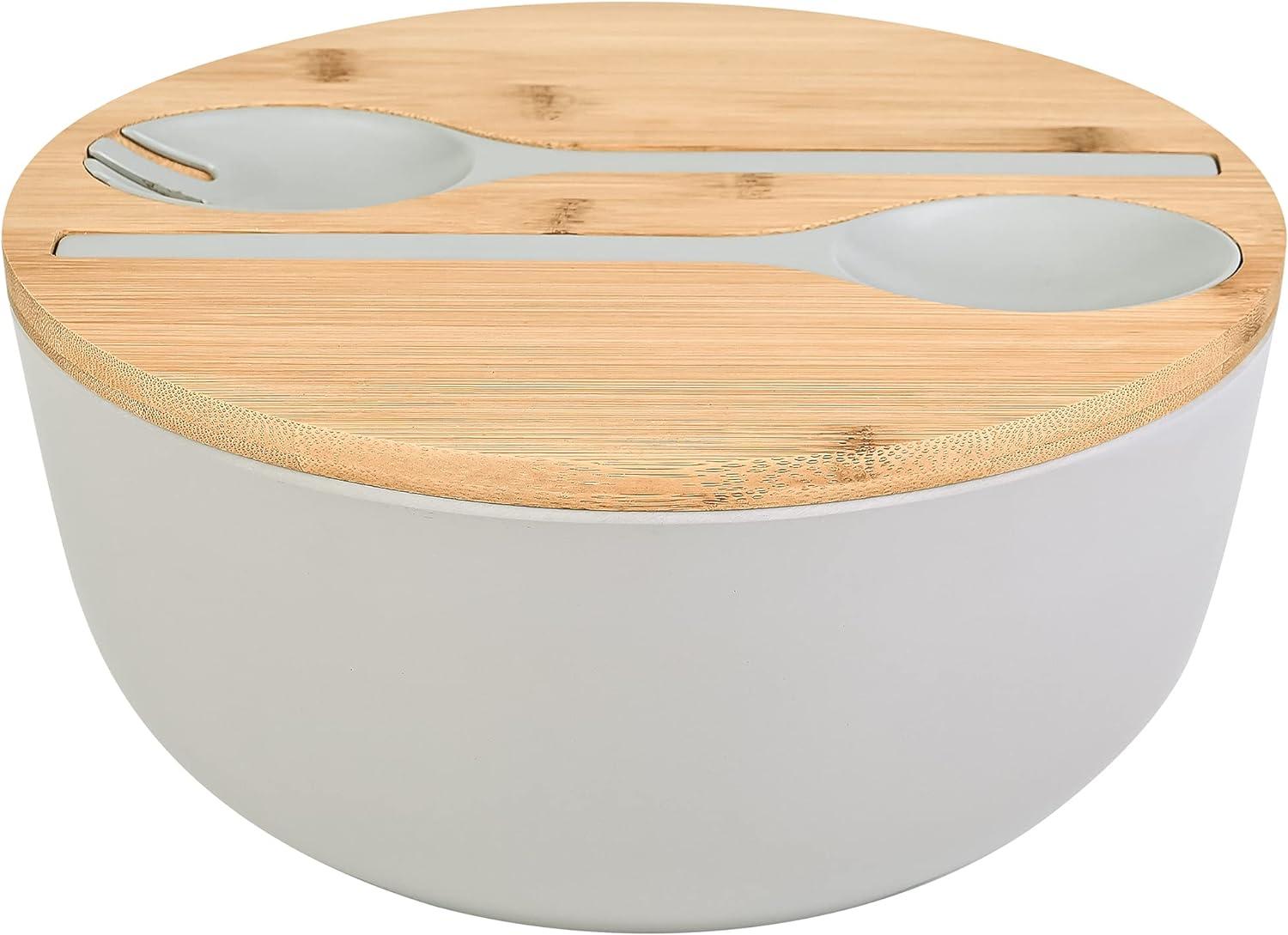 Large salad bowl with lid, upgraded version of bamboo fiber salad bowl with lid, 9.8-inch mixed salad bowl and server, and a set of free quick salad tools