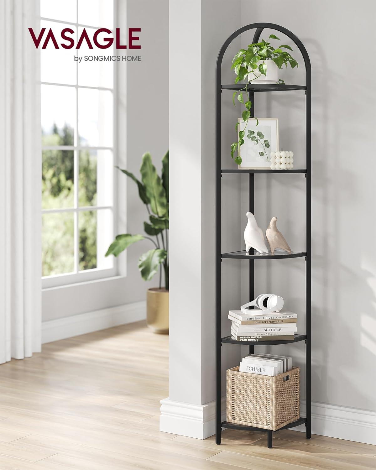 Black 5-Tier Steel and Glass Corner Shelf Stand