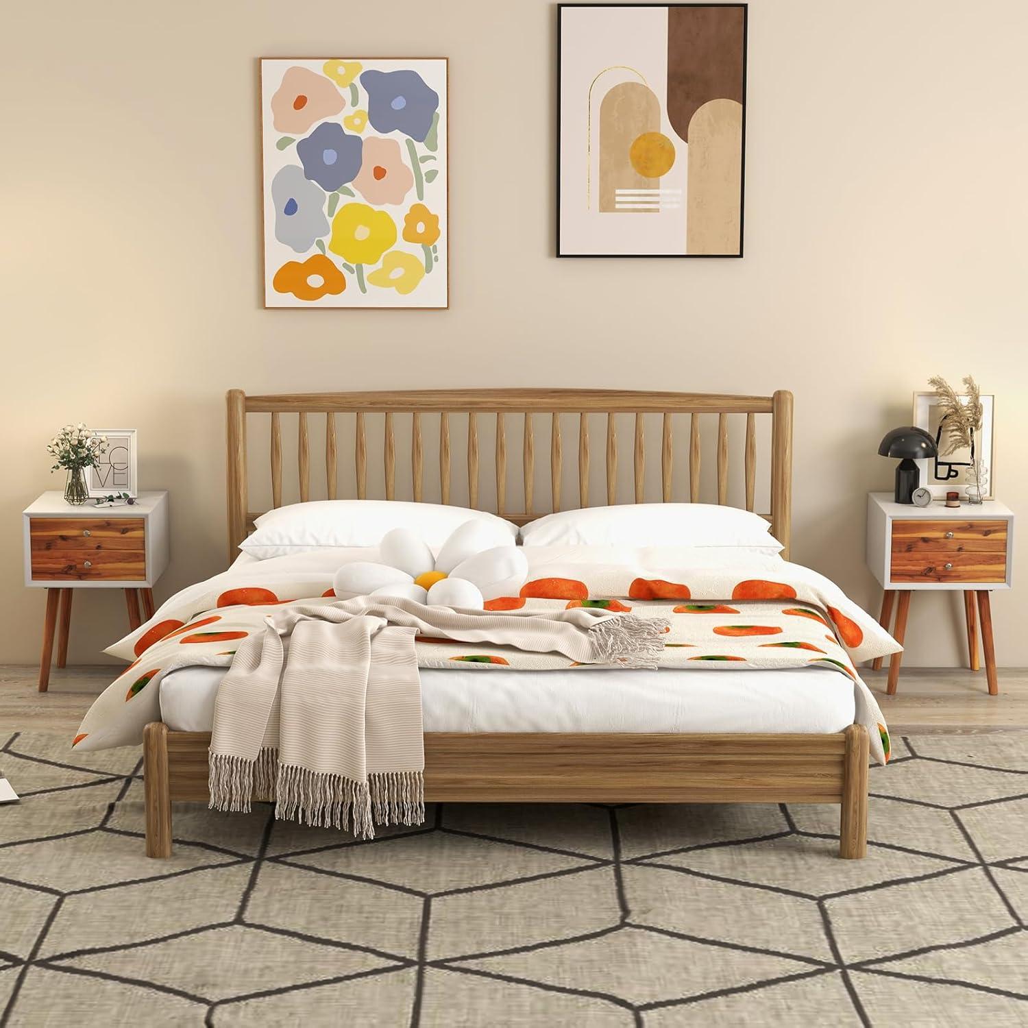 Giantex Mid Century Modern Nightstand, Wooden Bedside Tables w/ 2 Storage Drawers & Solid Wood Legs, Practical End Side Table for Living Room Bedroom, White & Walnut