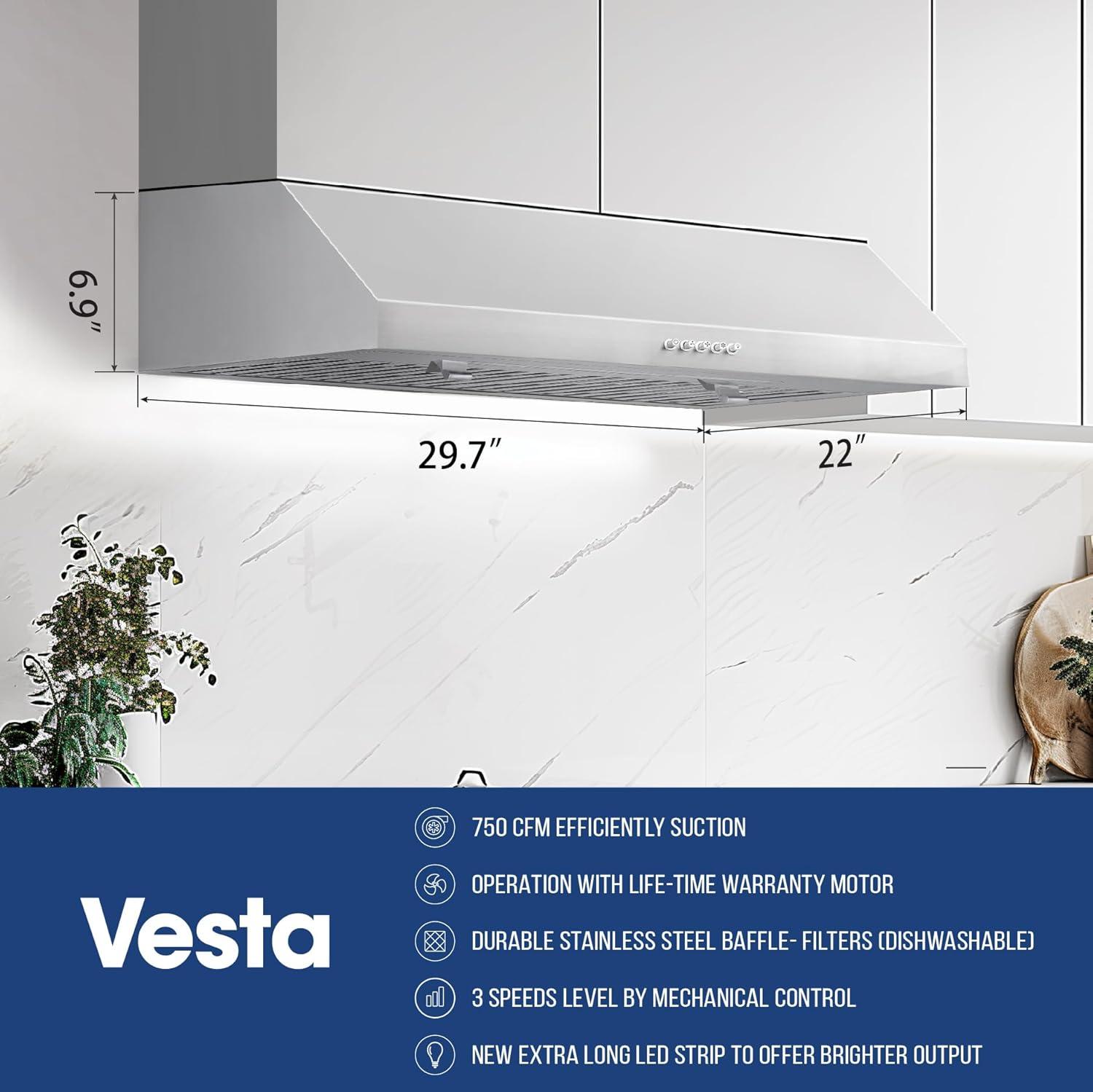 Vesta Charlotte 500cfm Under Cabinet Range Hood With 3 Levels Of Speed, Mechanical Buttons Control, Dishwasher Friendly Baffle Filters, Flexible Vent Connectors, Long LED Stripe
