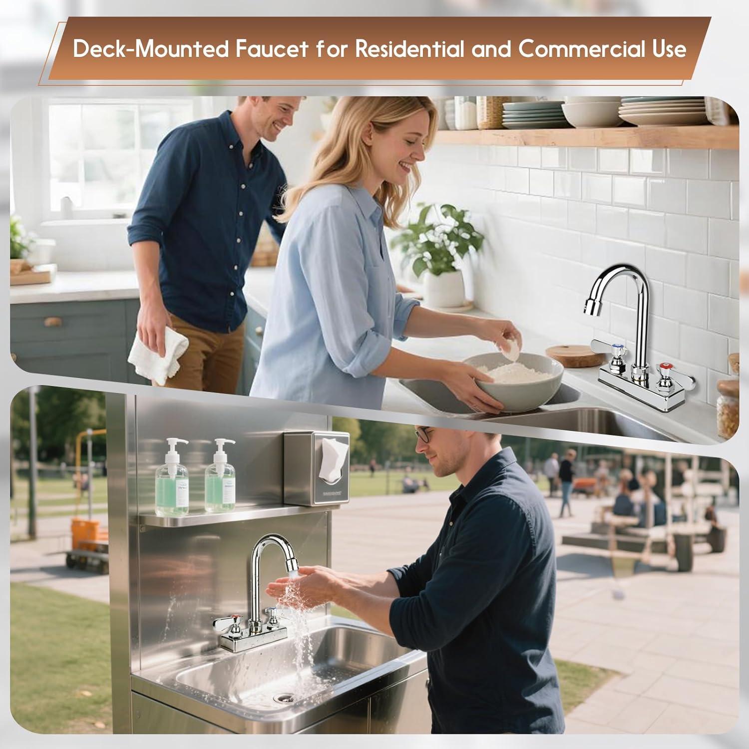 KWODE 4 Inch Center Commercial Hand Sink Faucet with 3-1/2”Gooseneck Spout, Dual Lever Handle Wall Mount Kitchen Sink Faucet, Brass Constructed, Chrome