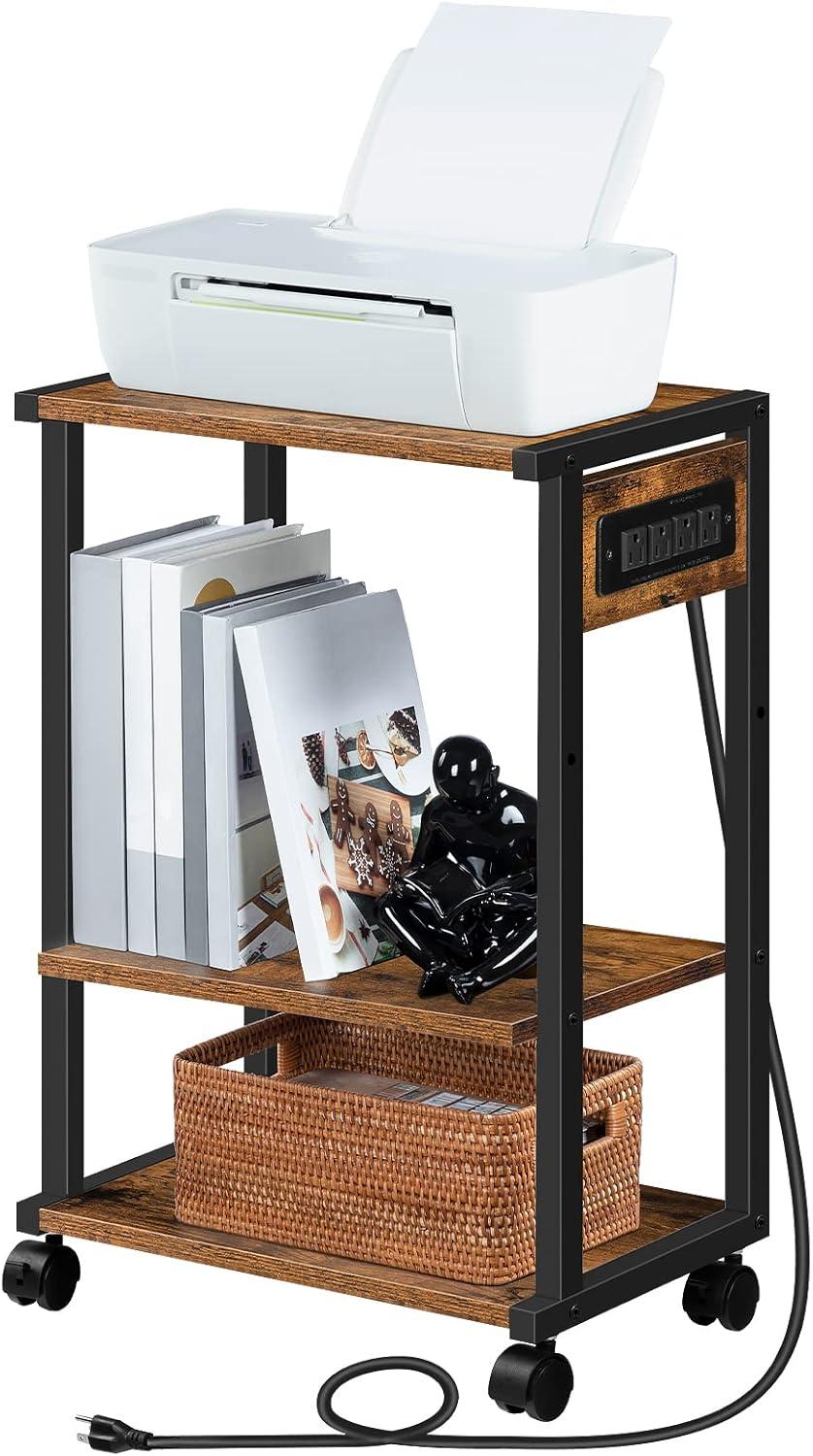 Rustic Brown and Black 3-Tier Industrial Printer Stand with Charging Station