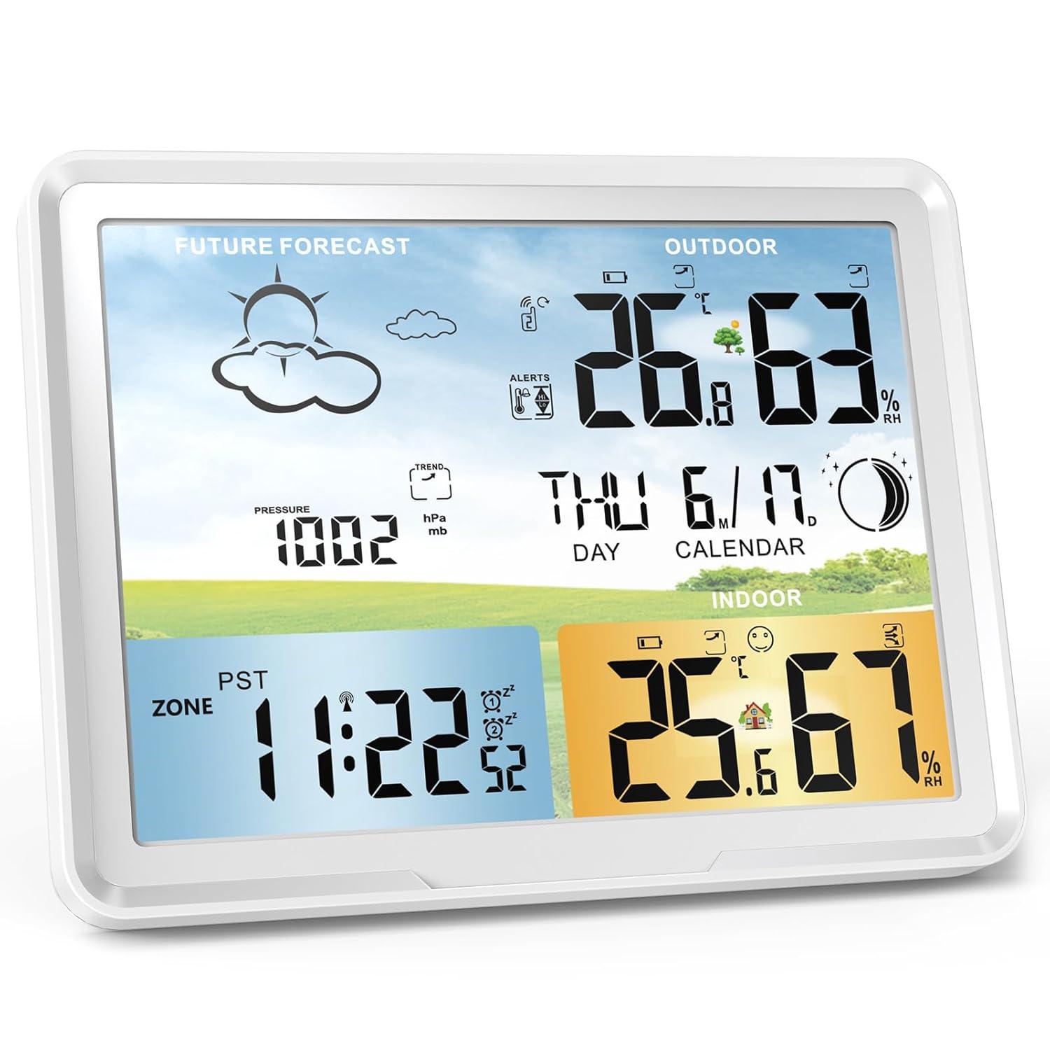 Weather Station Wireless Indoor Outdoor Thermometer, Color Display Digital Thermometer Humidity Monitor with Atomic Clock, Forecast Station with Calendar and Adjustable Backlight for Home