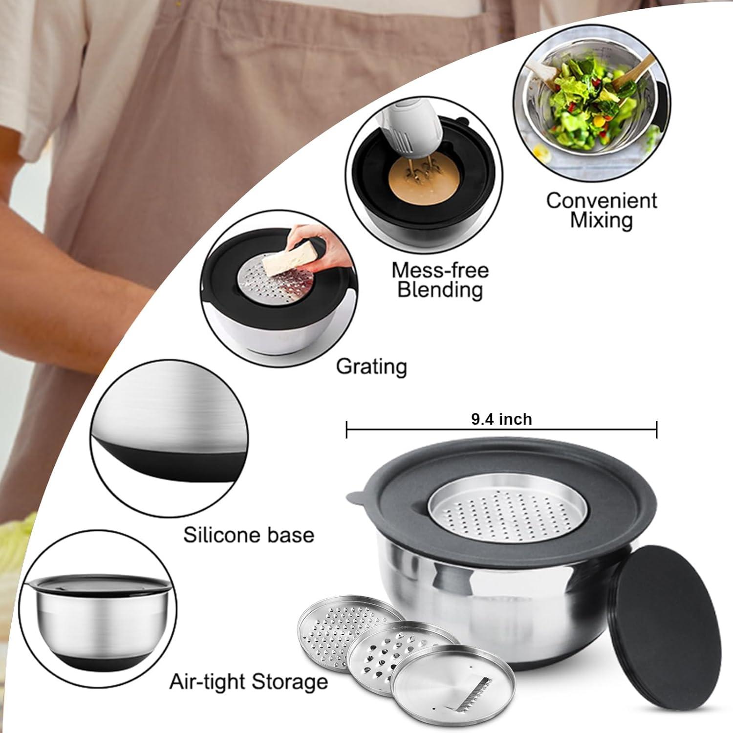 6-Piece Black Stainless Steel Mixing Bowl Set with Lids and Graters