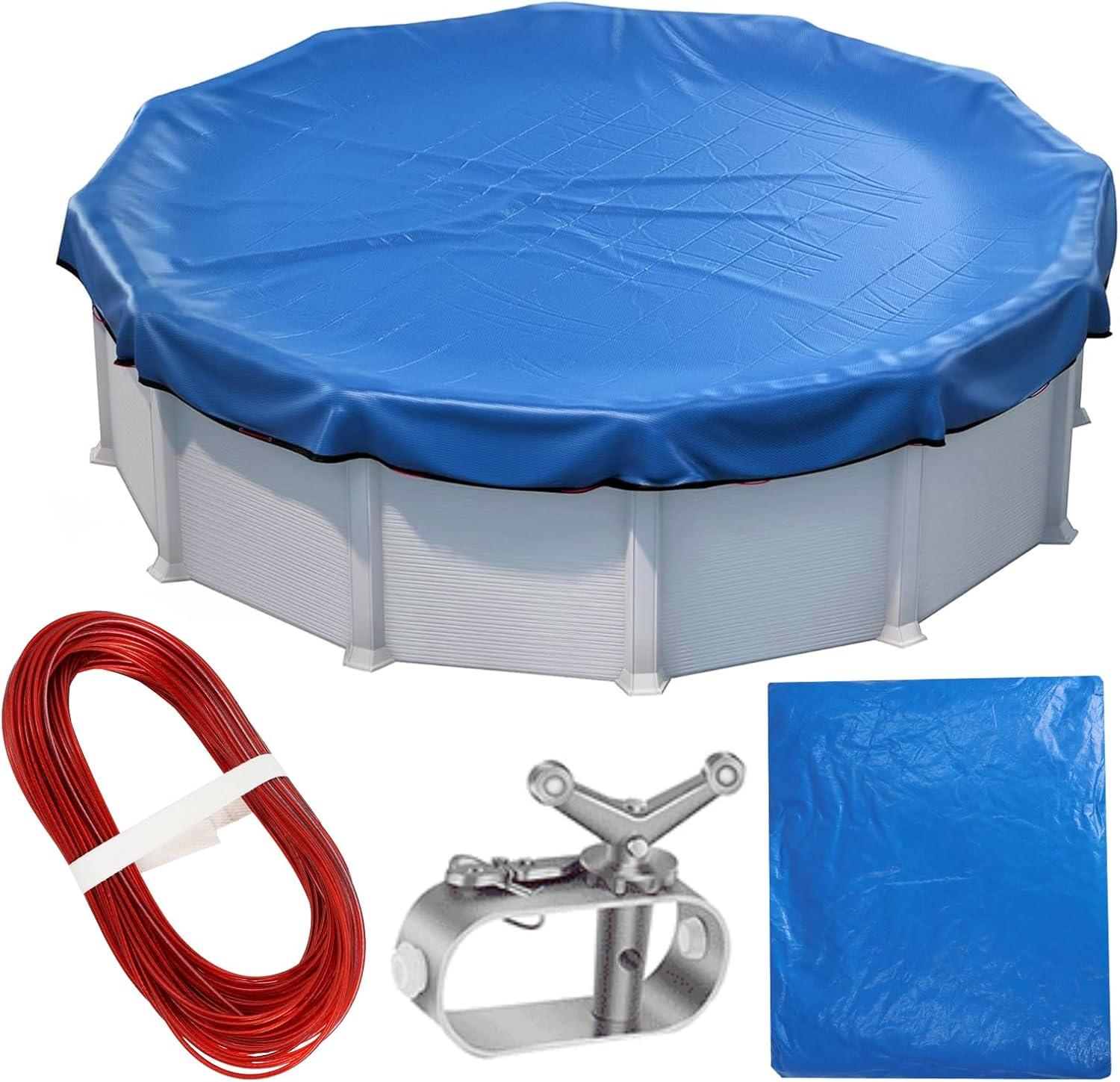 24ft Round Blue Above Ground Pool Cover with Steel Cable