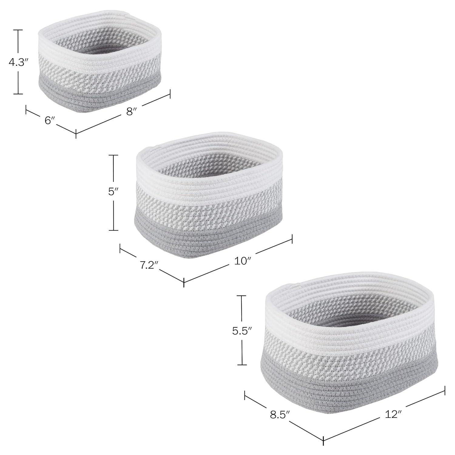 Home-Complete 3pc Storage Basket Set Gray: Cotton Cloth Bins for Shelves, Square Decorative Organizers, Hand Washable