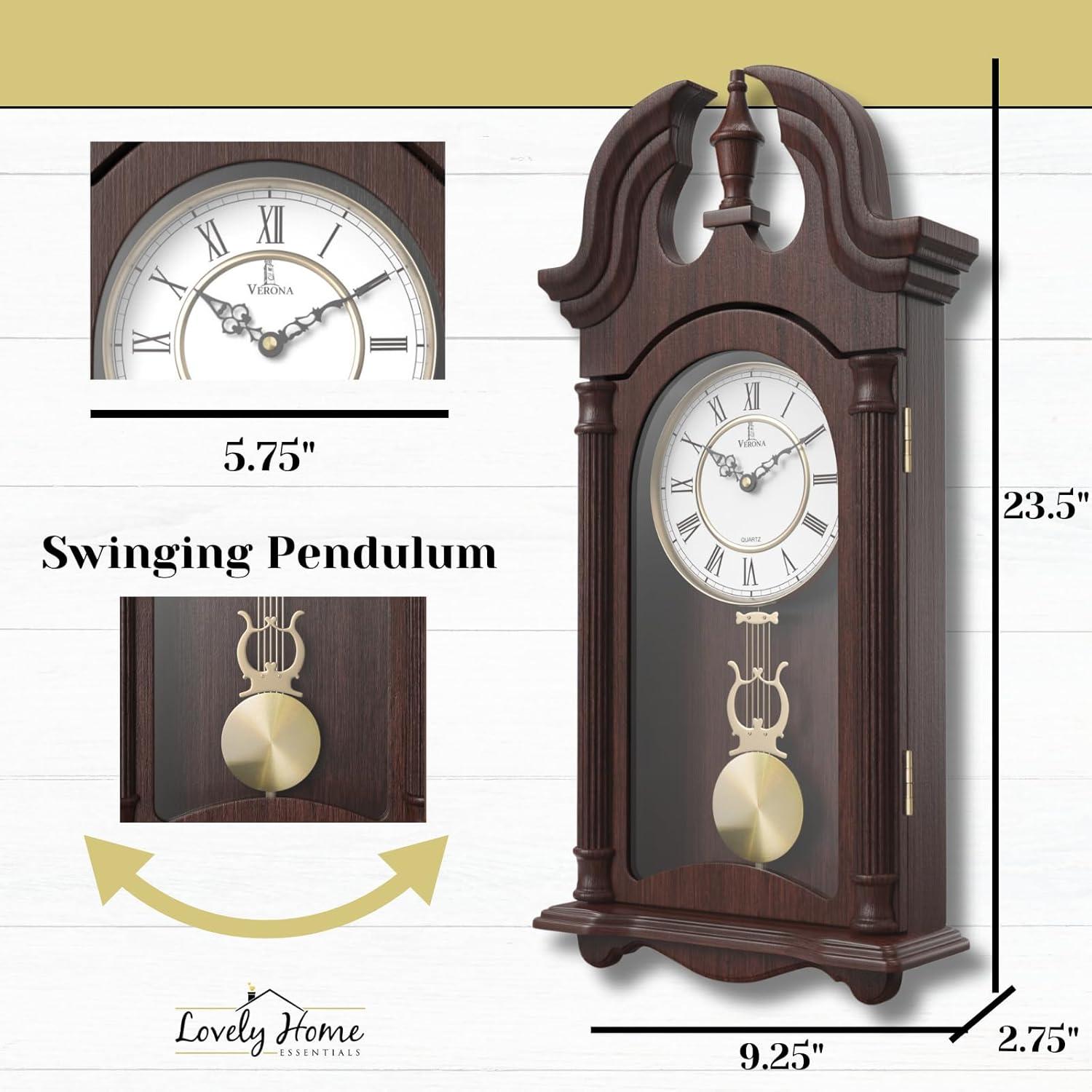 Pendulum Wall Clock, Silent Decorative Wood Pendulum Clock with Swinging Pendulum, Battery Operated, Dark Wooden Design, for Living Room, Dining Room, Kitchen, Office & Home Décor, 23.5x9.25 Inch