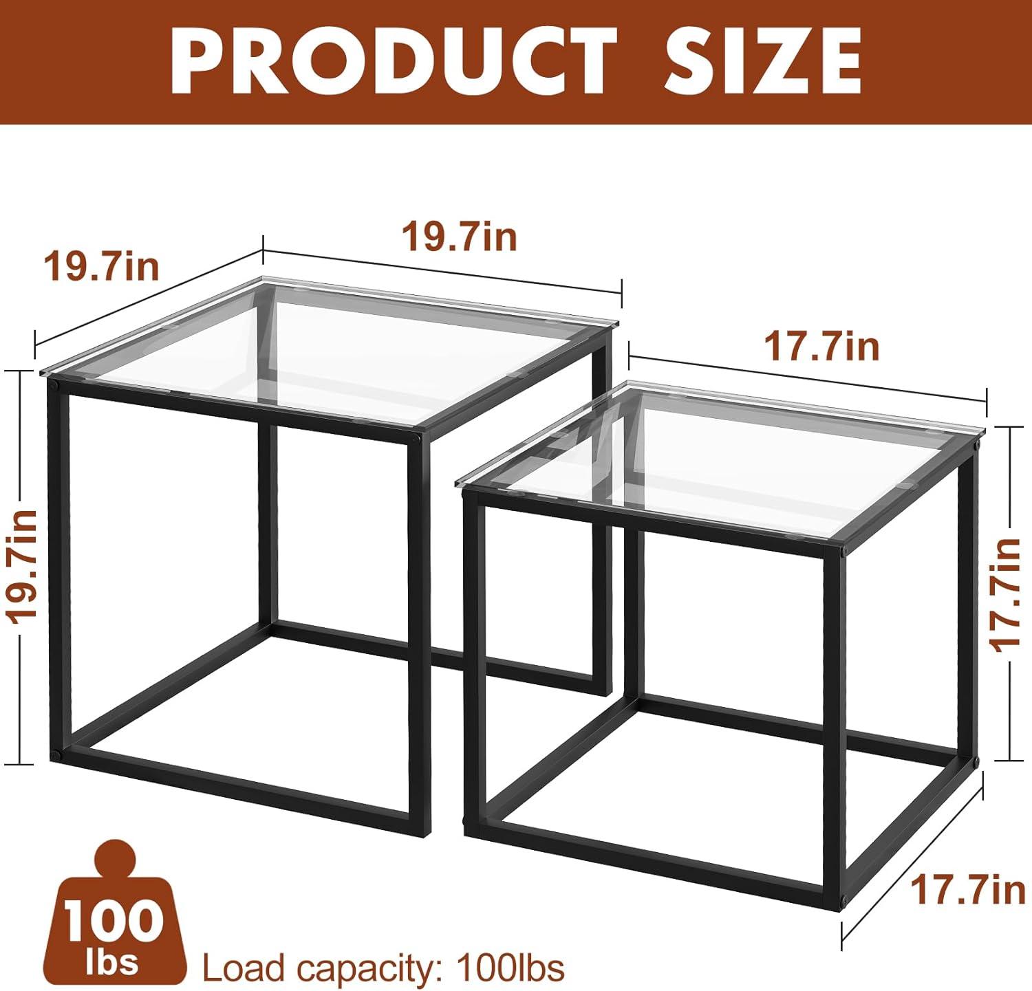 Coffee Table Set of 2, Modern Black Wooden Side Table, Metal Frame Square End Table, Center Tables,Nesting Coffee Table for Living Room,Bedroom and Small Spaces
