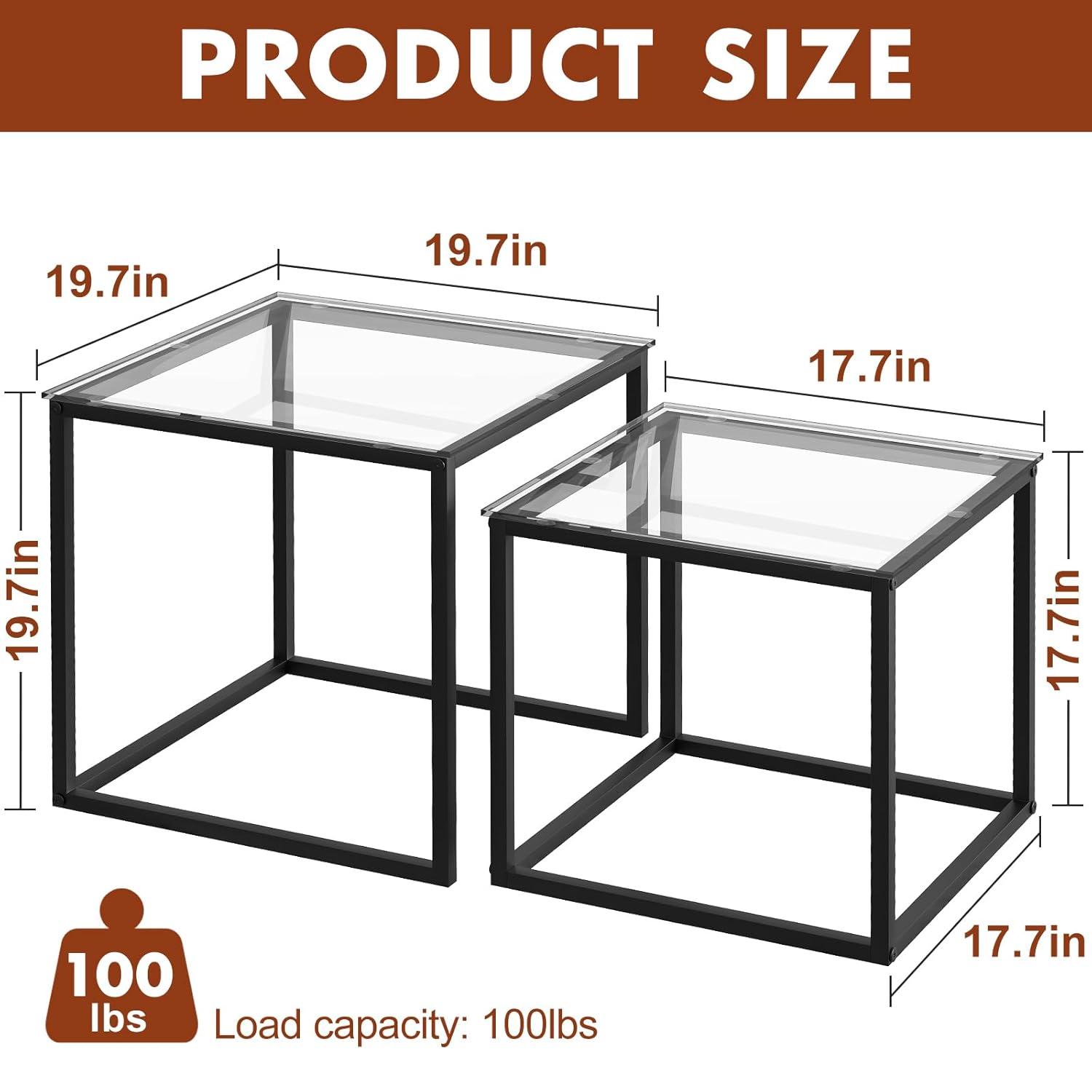 VILAWLENCE Coffee Table Set of 2, Modern Black Patterned Glass Side Table, Metal Frame Square End Table, Center Tables Nesting Coffee Table for Living Room,Bedroom and Small Spaces