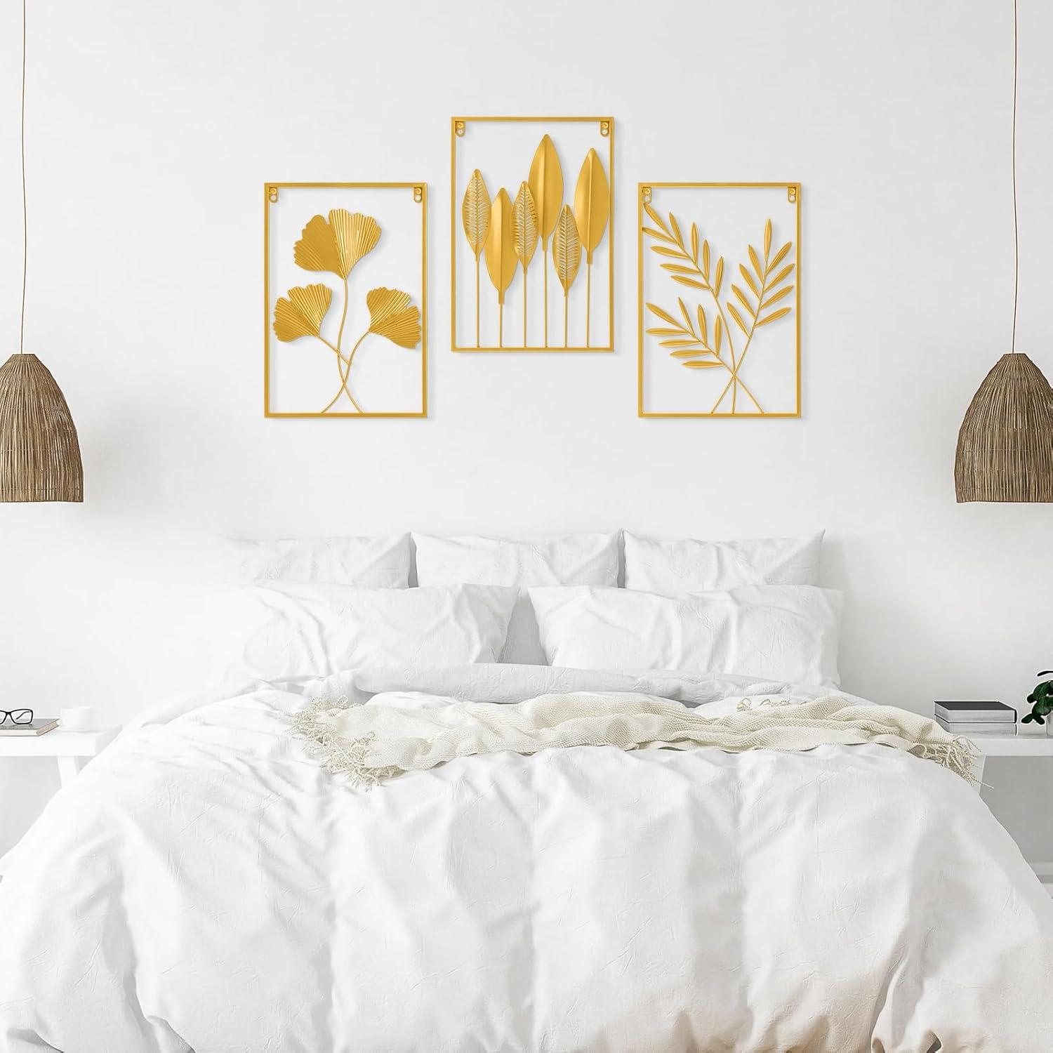 Metal Wall Art, Modern Minimalist Metal Leaf Wall Hanging, For Living Room, Bedroom, Bathroom, Hotel And Office (3Pcs)