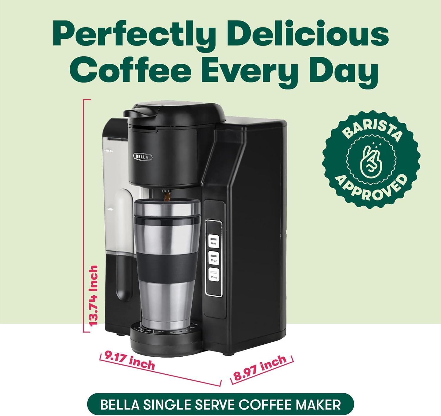 BELLA Single Serve Coffee Maker, Dual Brew K-Cup Pod or Ground Coffee Brewer, Large Removable Water Tank, Black