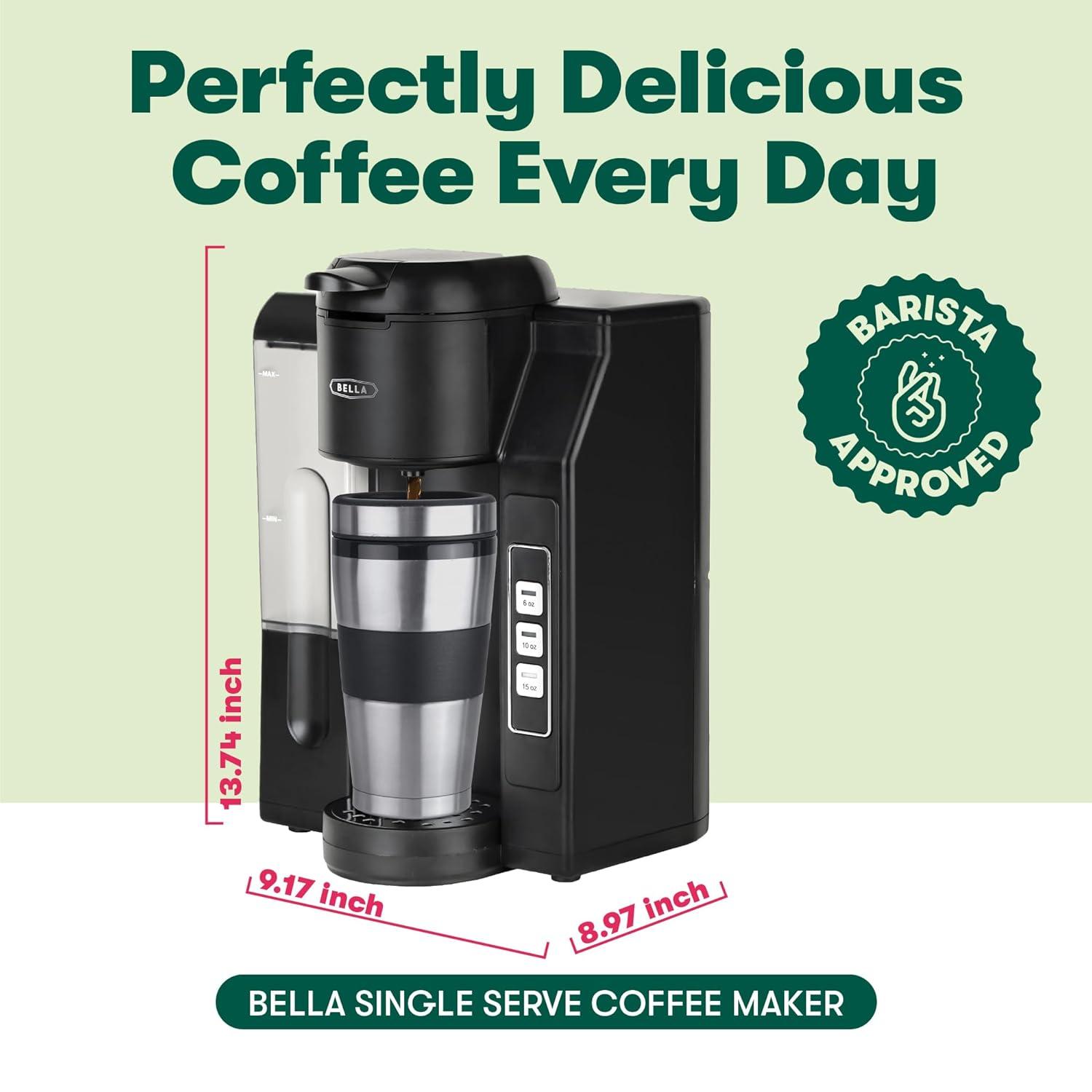 BELLA Single Serve Coffee Maker, Dual Brew K-Cup Pod or Ground Coffee Brewer, Large Removable Water Tank, Black