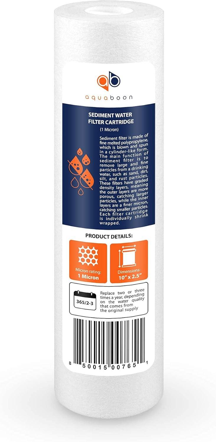Aquaboon 6-Pack of 1 Micron 10" Sediment Water Filter Replacement Cartridge for Any Standard RO Unit | Whole House Sediment Filtration | Compatible with DuPont WFPFC5002, Pentek DGD series, RFC