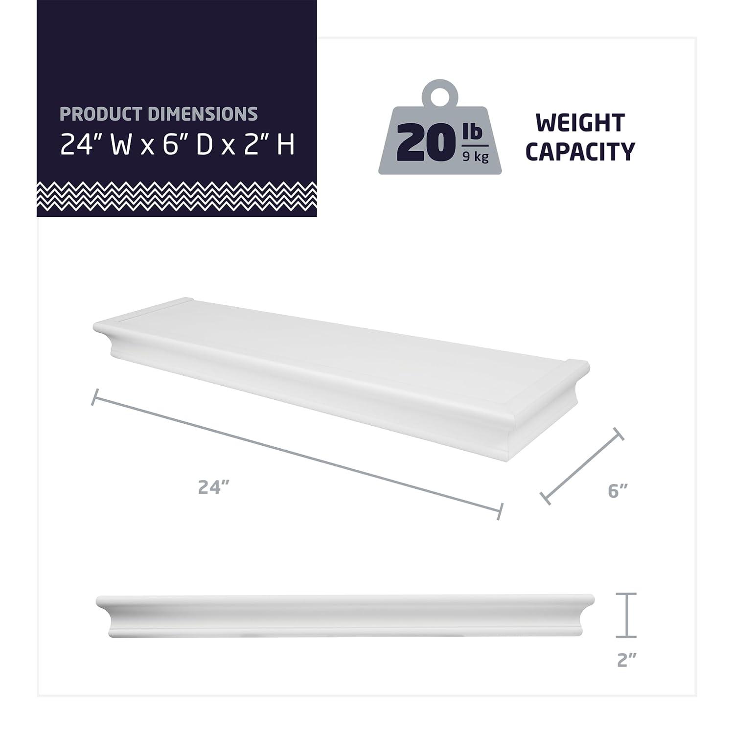 HIGH & MIGHTY Decorative 24" Floating Shelf Holds up to 20lbs, Easy Tool-Free Dry Wall Installation, Beveled, eCommerce Packaging, White