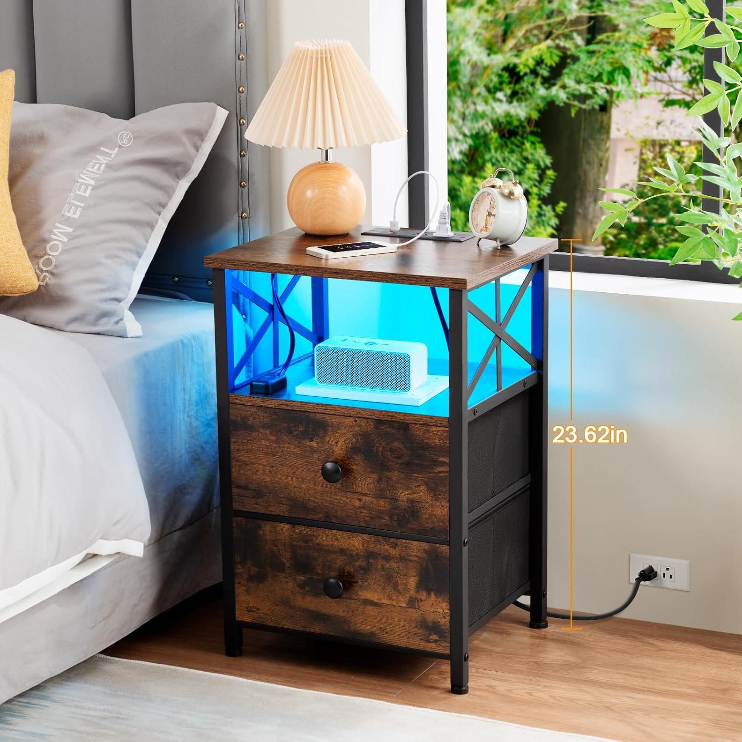 Rustic Brown LED Nightstand Set with Charging Station and Fabric Drawers