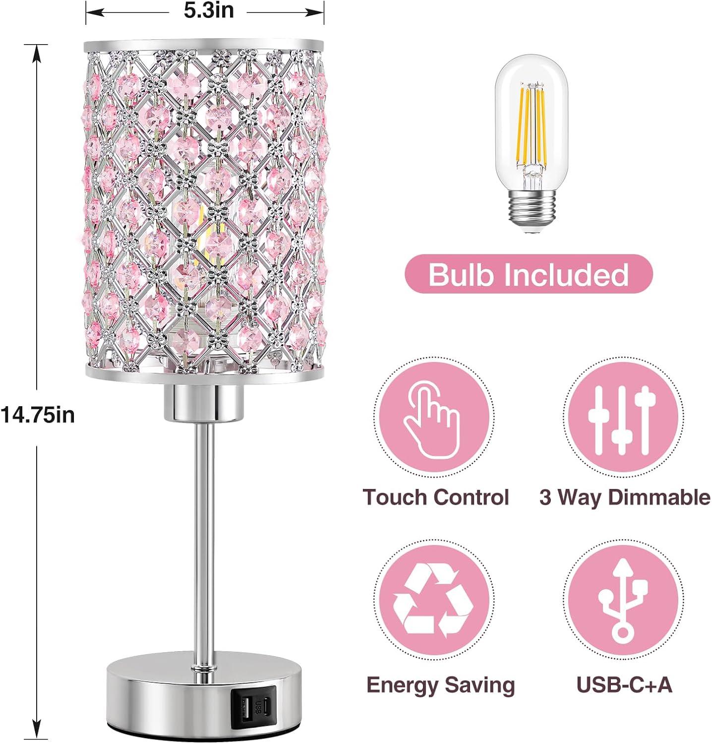 Crystal Table Lamp, Pink Touch Lamp with USB C+A Ports, 3 Way Dimmable with Crystal Shade, Small Bedside Lamps for Girl Bedroom, Living Room(Buld Included)