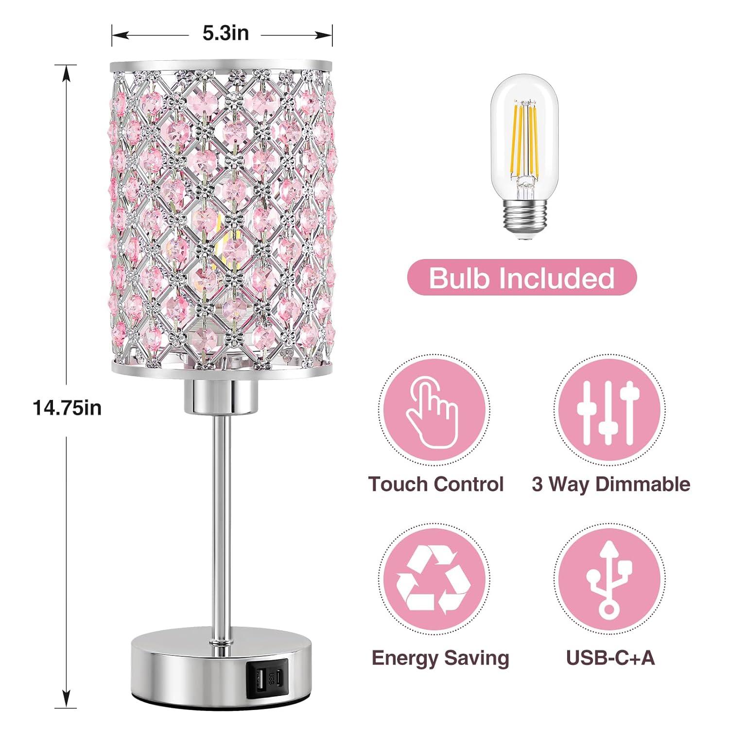 Crystal Table Lamp, Pink Touch Lamp with USB C+A Ports, 3 Way Dimmable with Crystal Shade, Small Bedside Lamps for Girl Bedroom, Living Room(Buld Included)