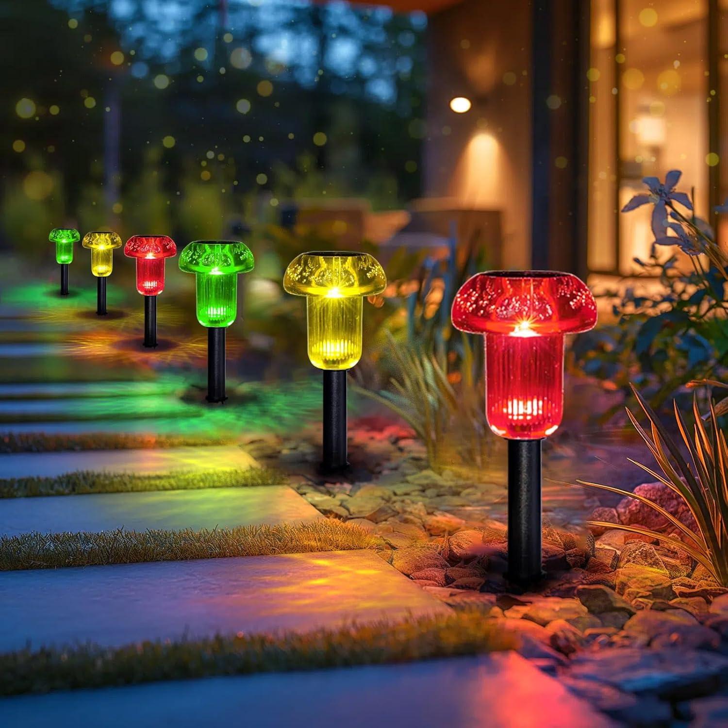Solar Pathway Lights Outdoor - Red Yellow Green 3 Colors 6PK Mushroom Solar Pathway Lights IP65 Waterproof Solar Lights for Outside Patio Decor Yard Walkway and Landscape, T62S6-RYG-MIX