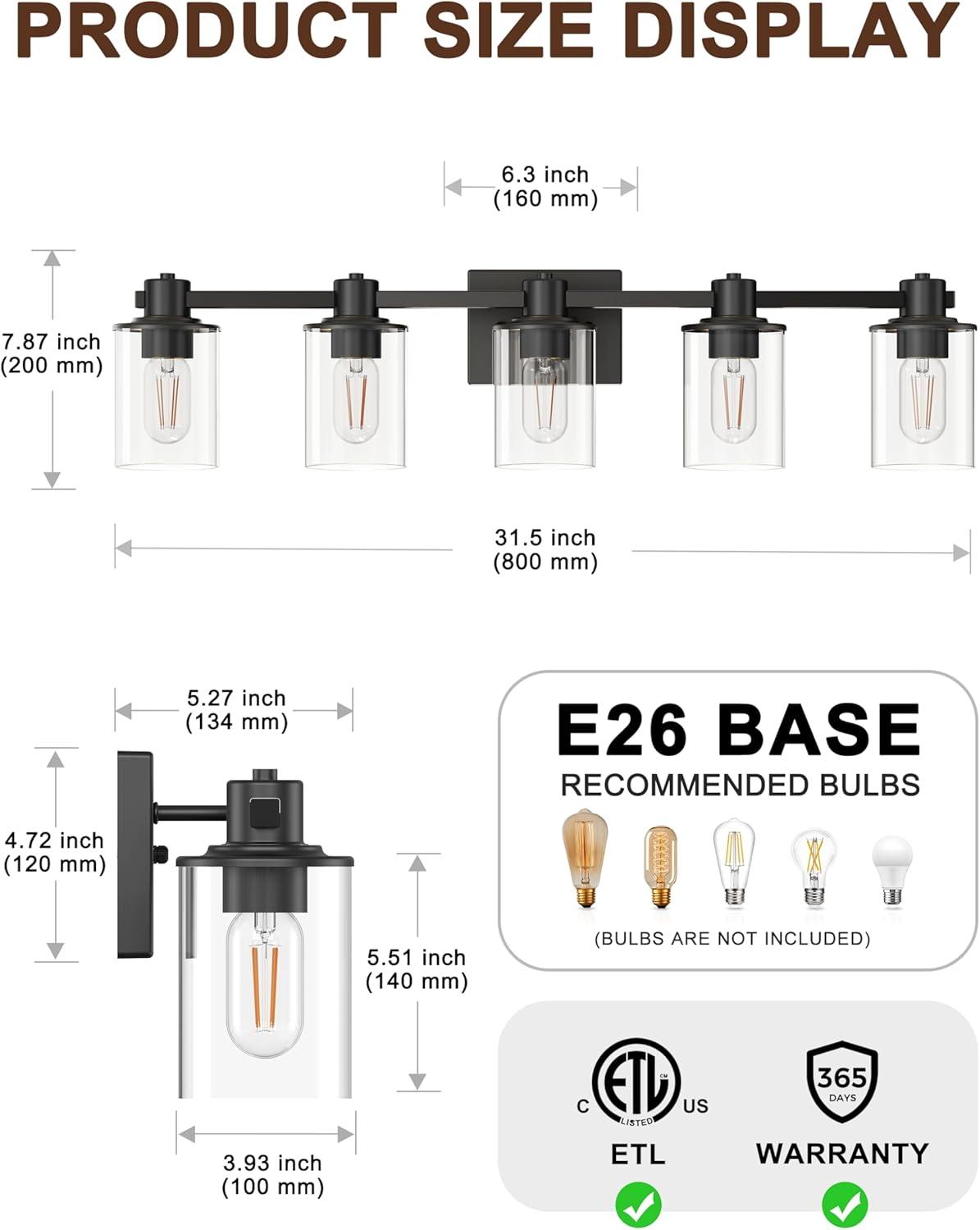 Matte Black 5-Light Bathroom Vanity Fixture with Glass Shades