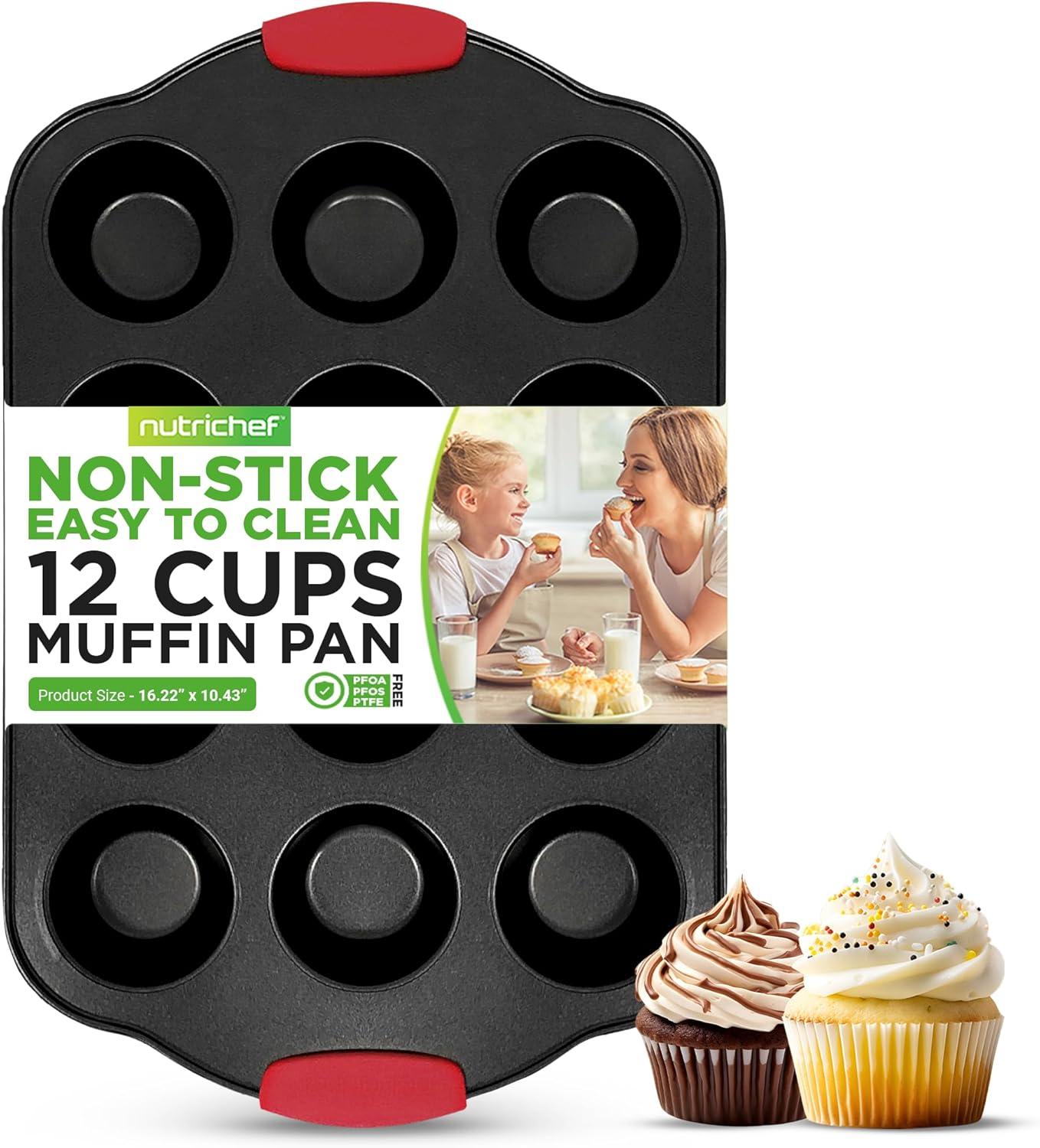 NutriChef 12-Cup Nonstick Carbon Steel Muffin Pan with Red Silicone Handles