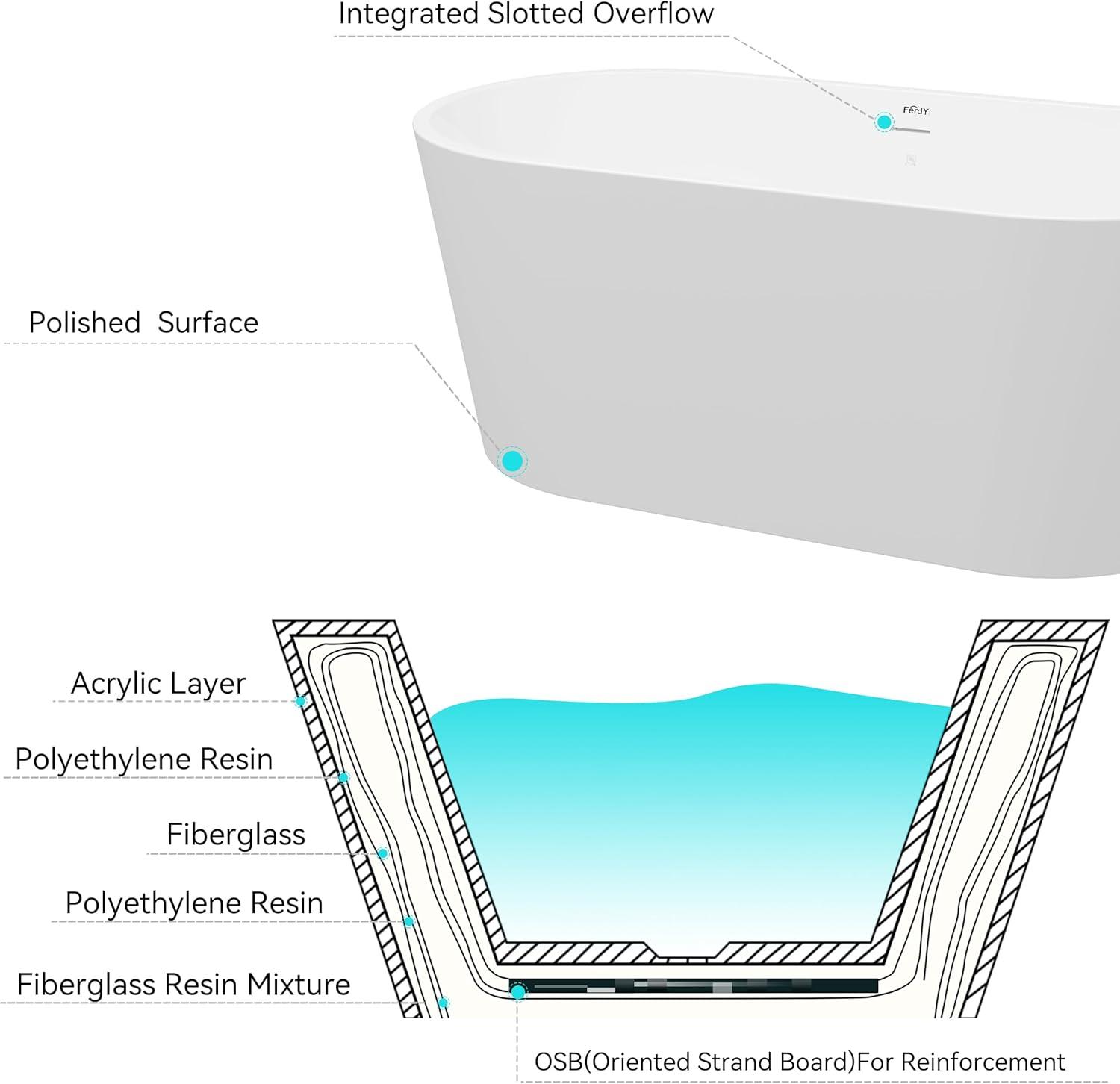 Freestanding Soaking Acrylic Bathtub with Brushed Nickel Drain