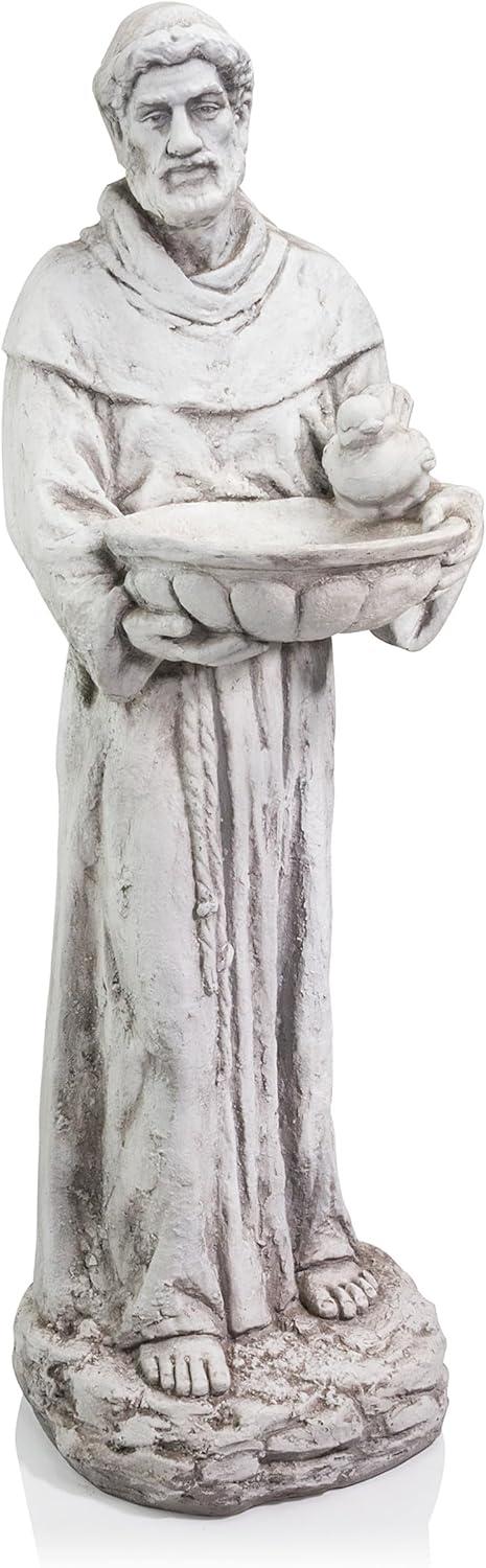 45 in. Tall Outdoor Saint Francis Birdbath Statue Yard Art Decoration, Light Gray
