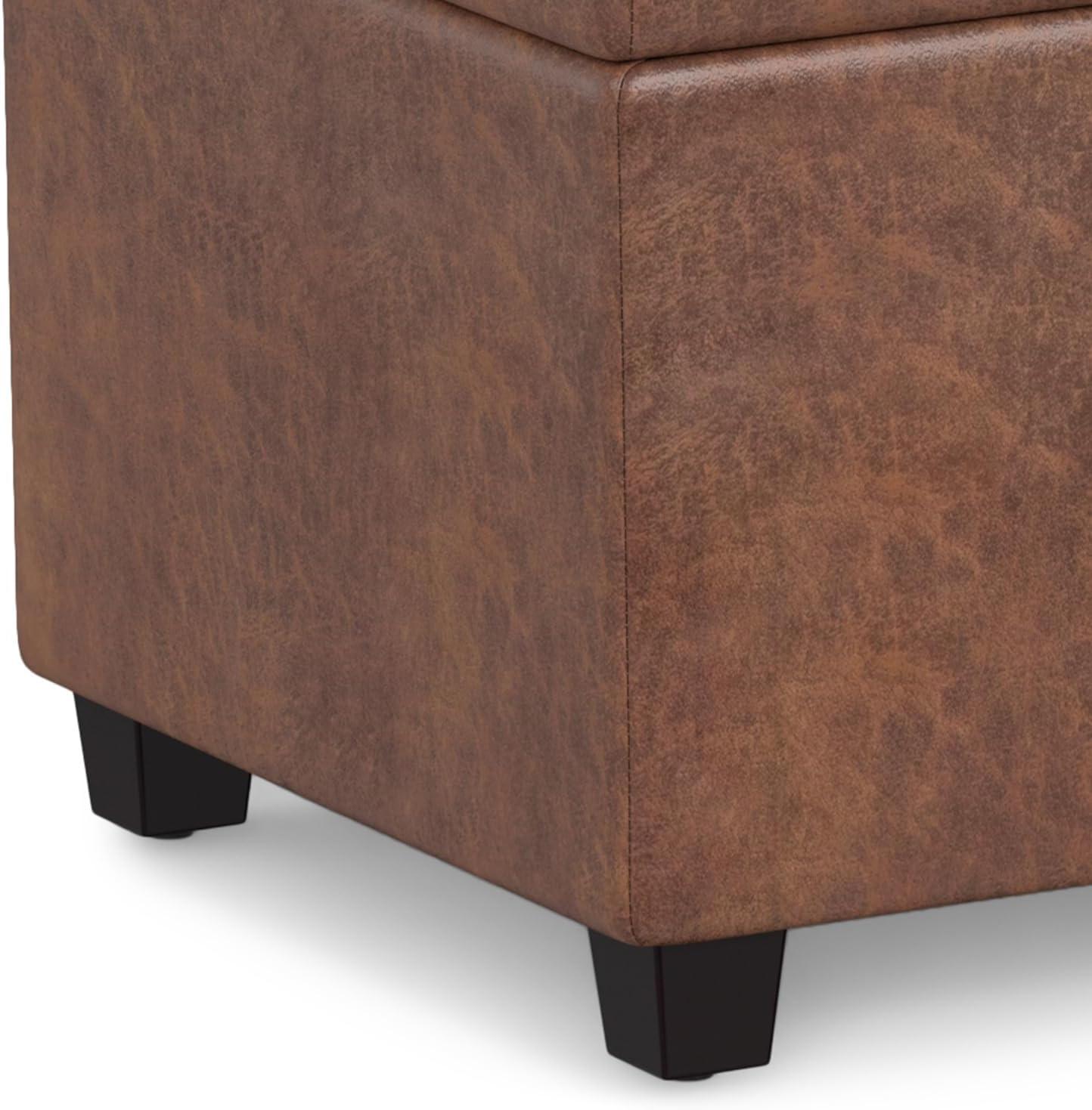 Distressed Saddle Brown Faux Leather Storage Ottoman Bench