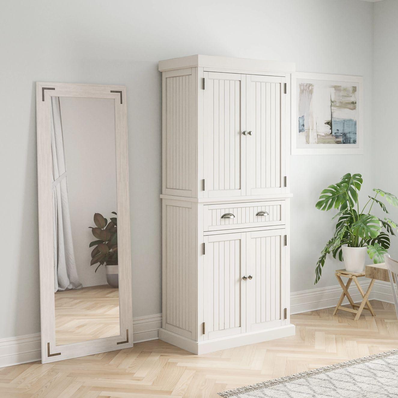 Nantucket Pantry Off White - Homestyles: Coastal Style Storage, 4-Door Hardwood Cabinet with Adjustable Shelves