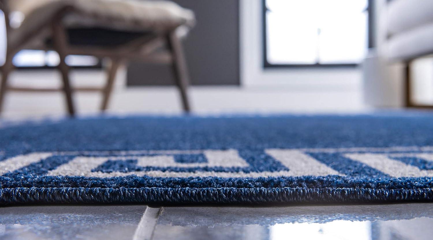 Navy Blue Geometric Border Rectangular Synthetic Rug